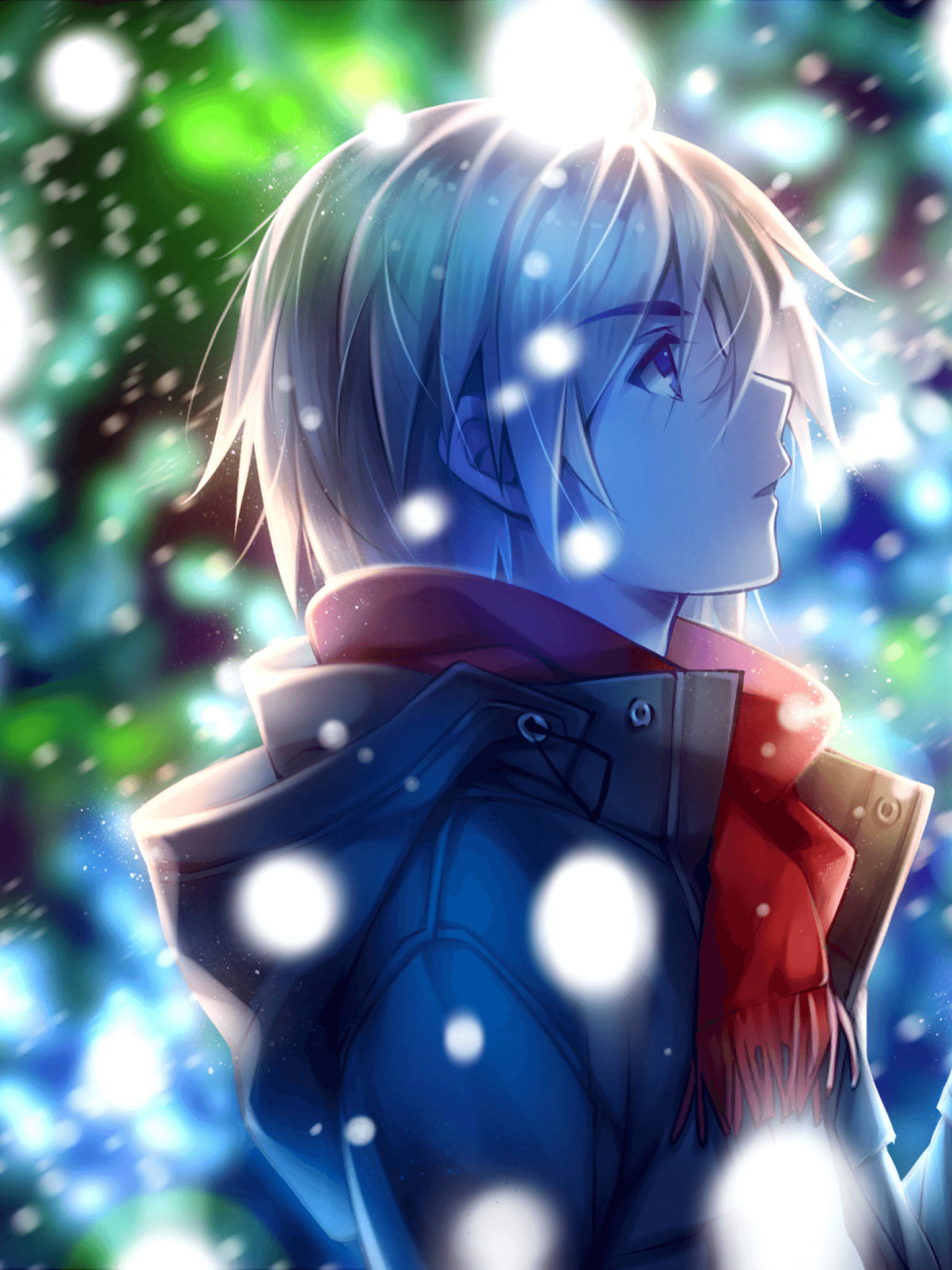 silver hair, red scarf, snowflakes, Full HD Phone Wallpaper
