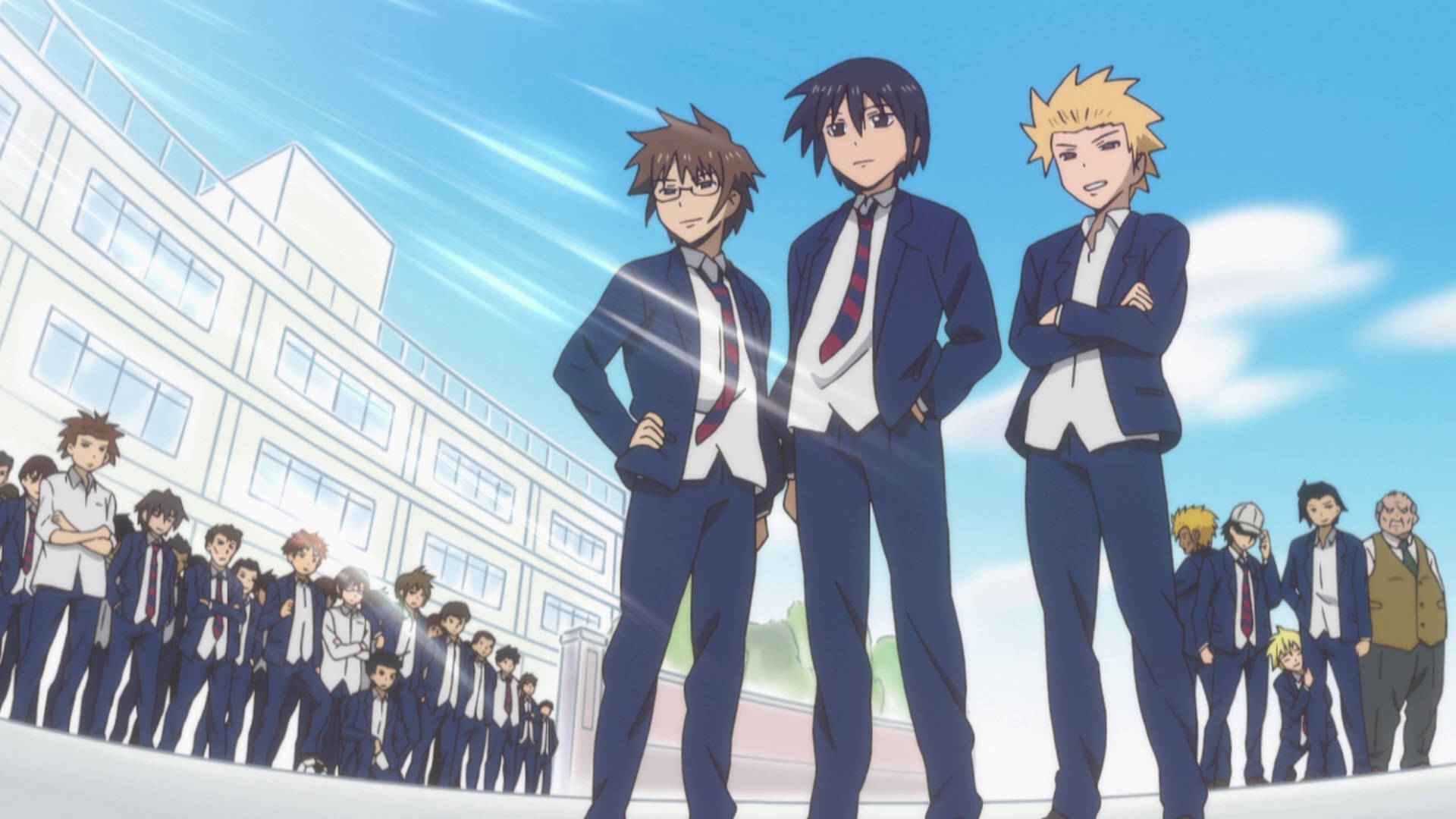 anime boys, school uniforms, modern school building, Full HD Desktop Wallpaper