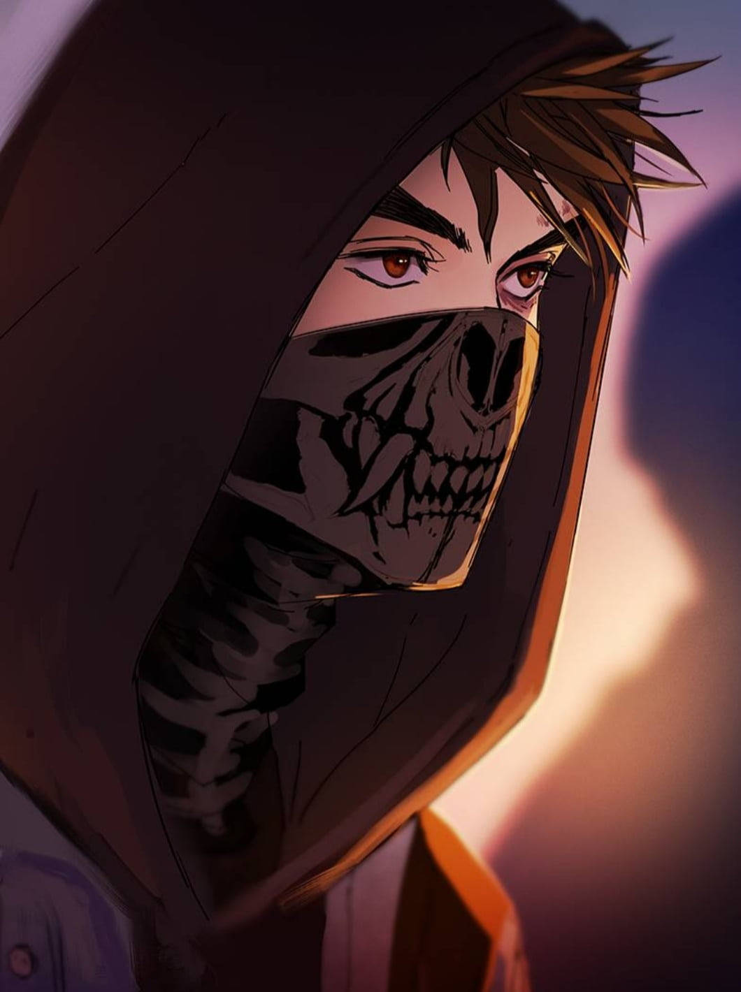 skull mask, hooded anime character, warm glowing background, HD Phone Wallpaper