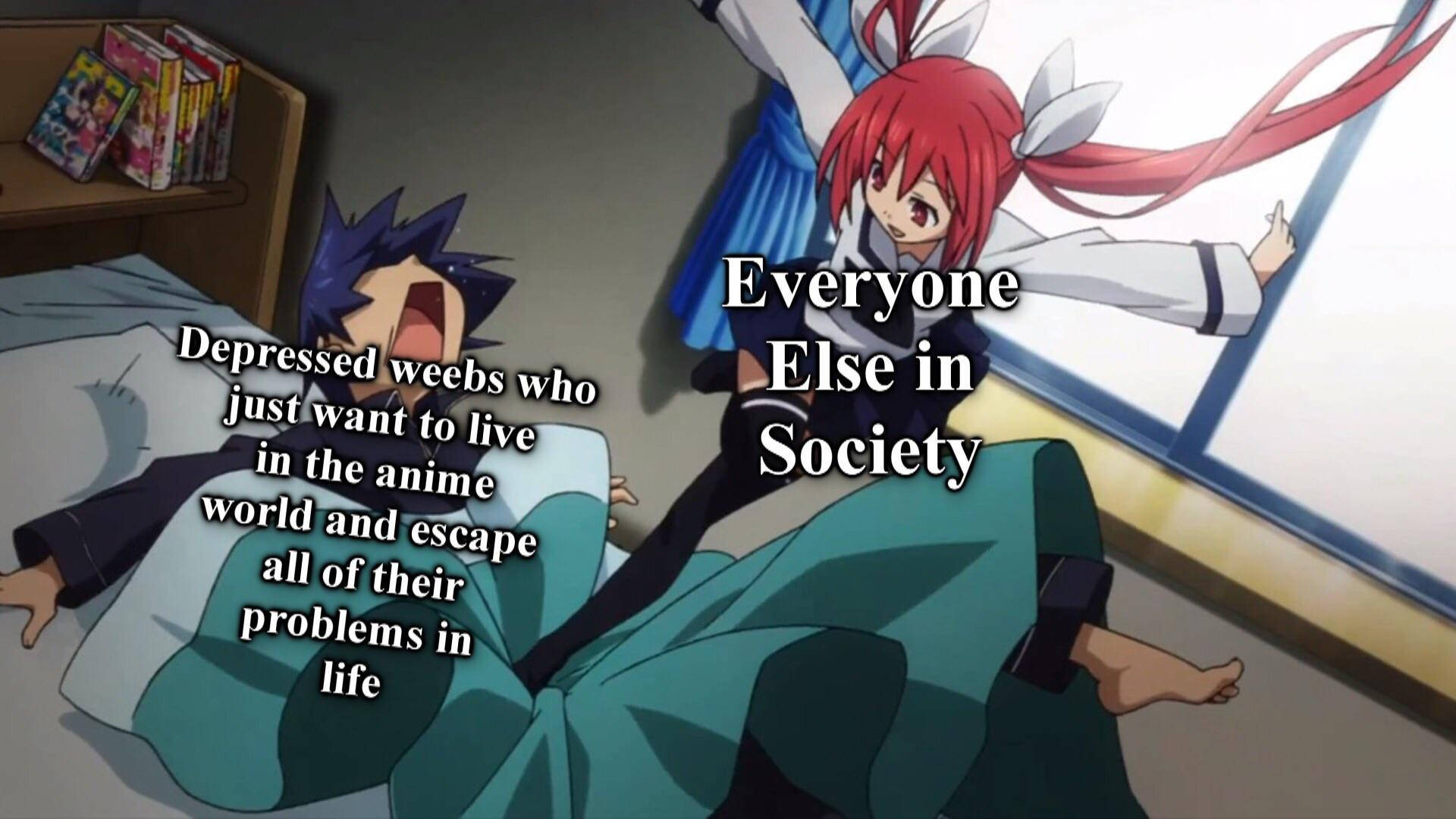 Anime Meme PFP Escapist Weebs, two anime characters, bedroom, Full HD Desktop Wallpaper