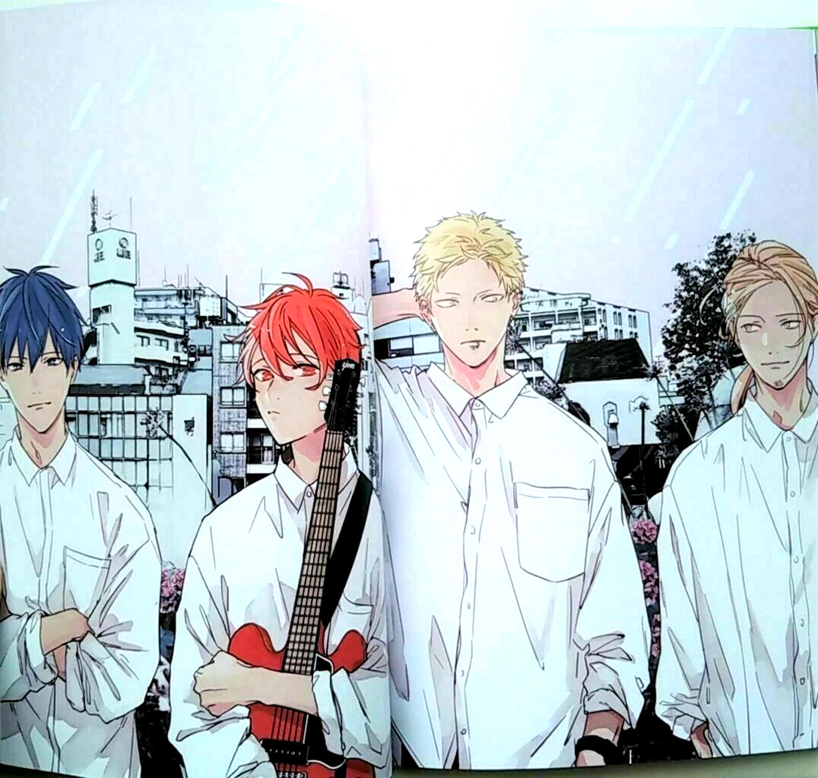 Anime Boys, white shirts, rainy cityscape, HD Desktop Wallpaper