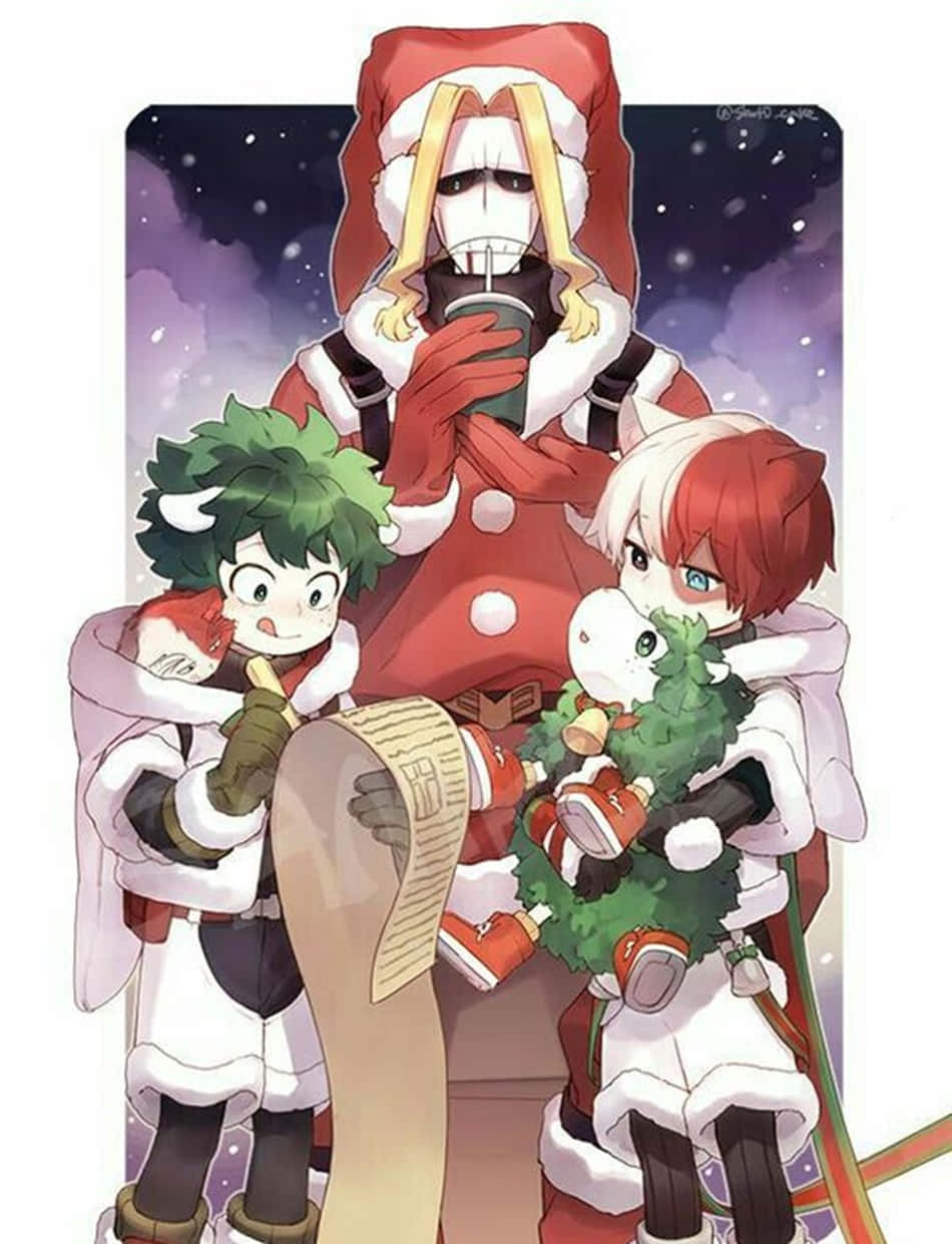 Christmas Anime Boys Academia, festive winter gear, snowy night sky, SD Phone Wallpaper