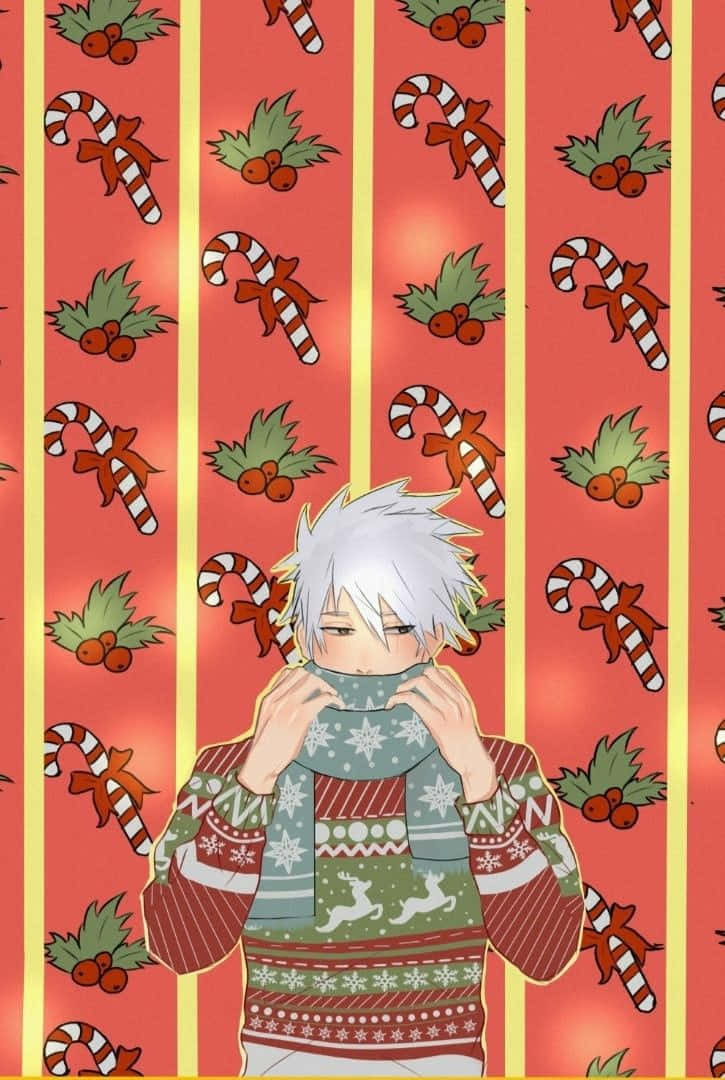 Anime boy, white hair, festive sweater, SD Phone Wallpaper