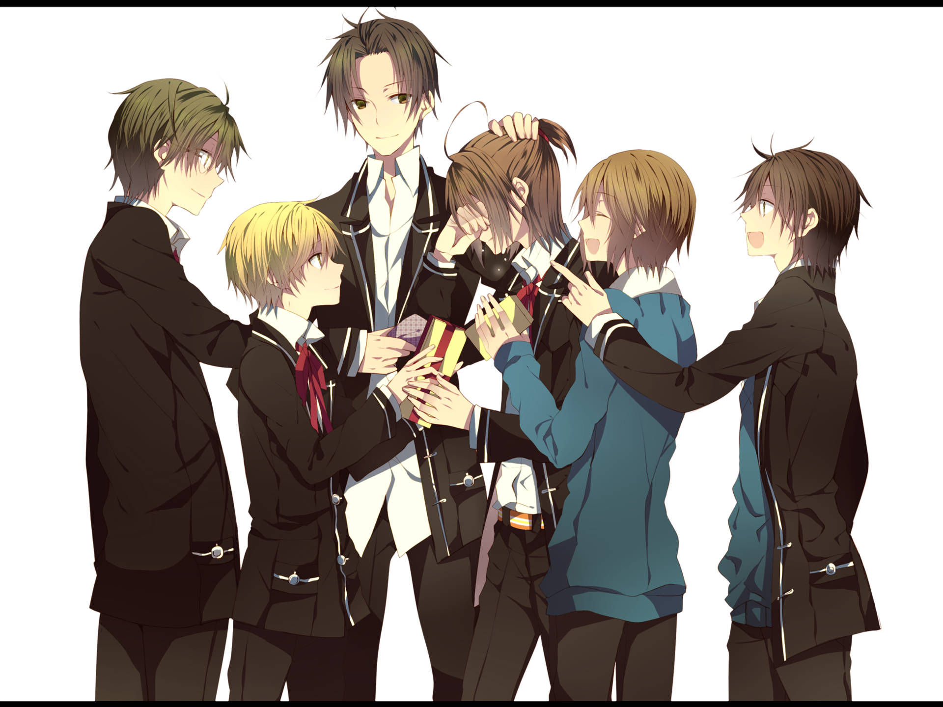 anime boys, school uniforms, gift box, Full HD Desktop Wallpaper