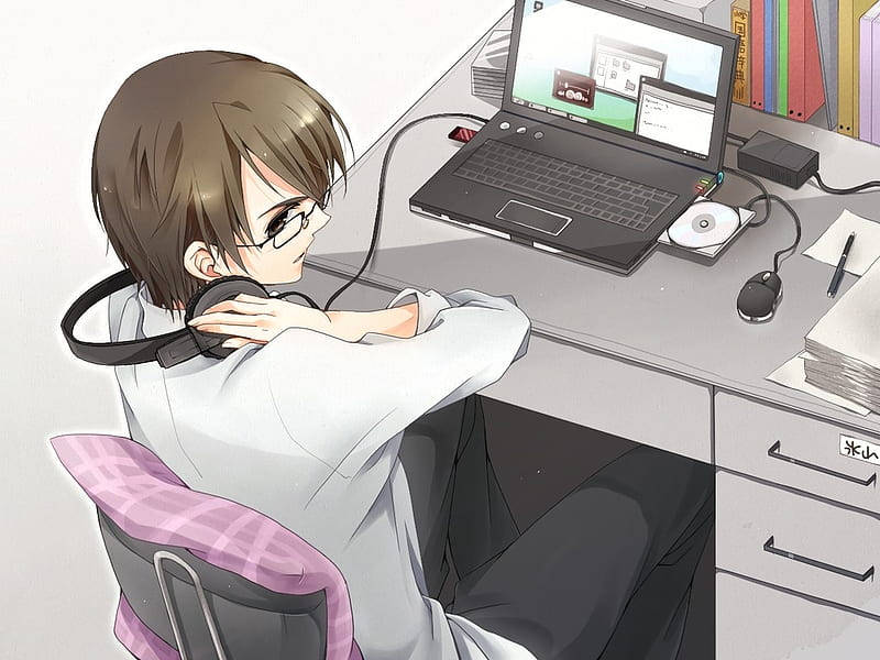 Anime boy, glasses, headphones, SD Desktop Wallpaper