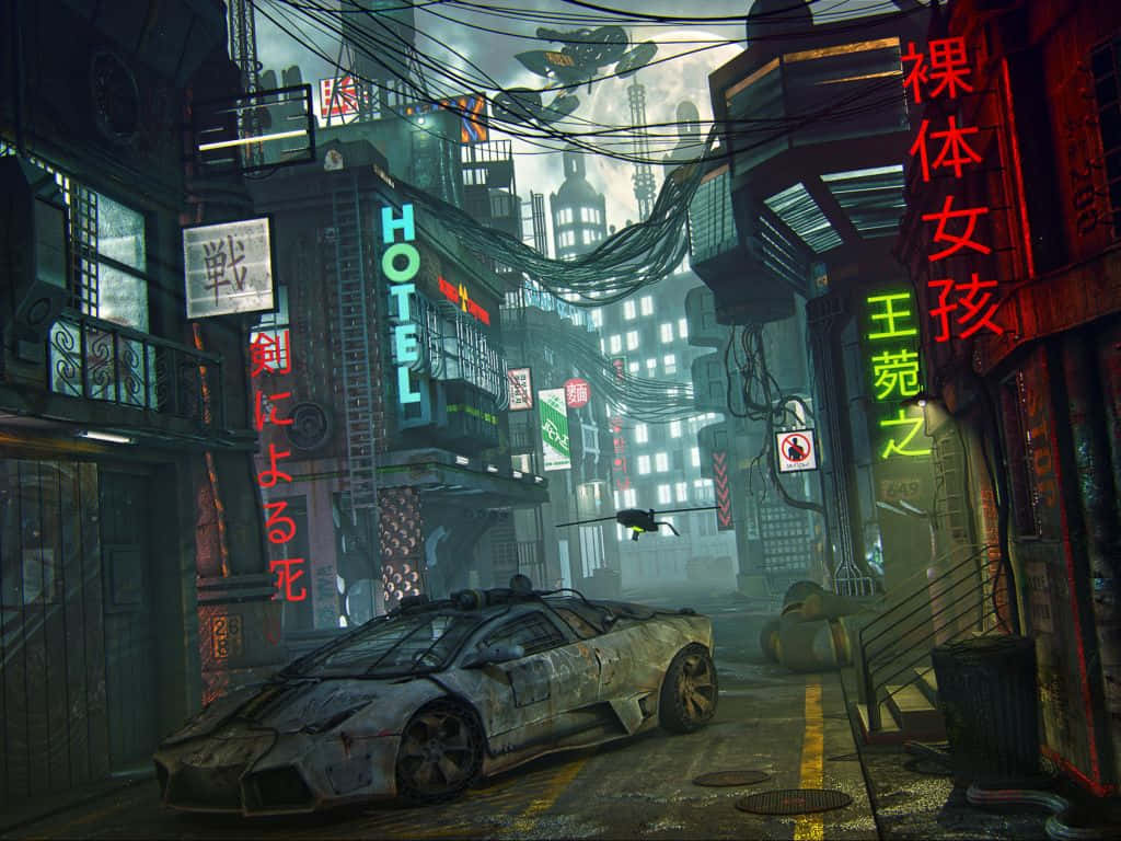 cyberpunk alleyway, wrecked sports car, flying drones, SD Desktop Wallpaper