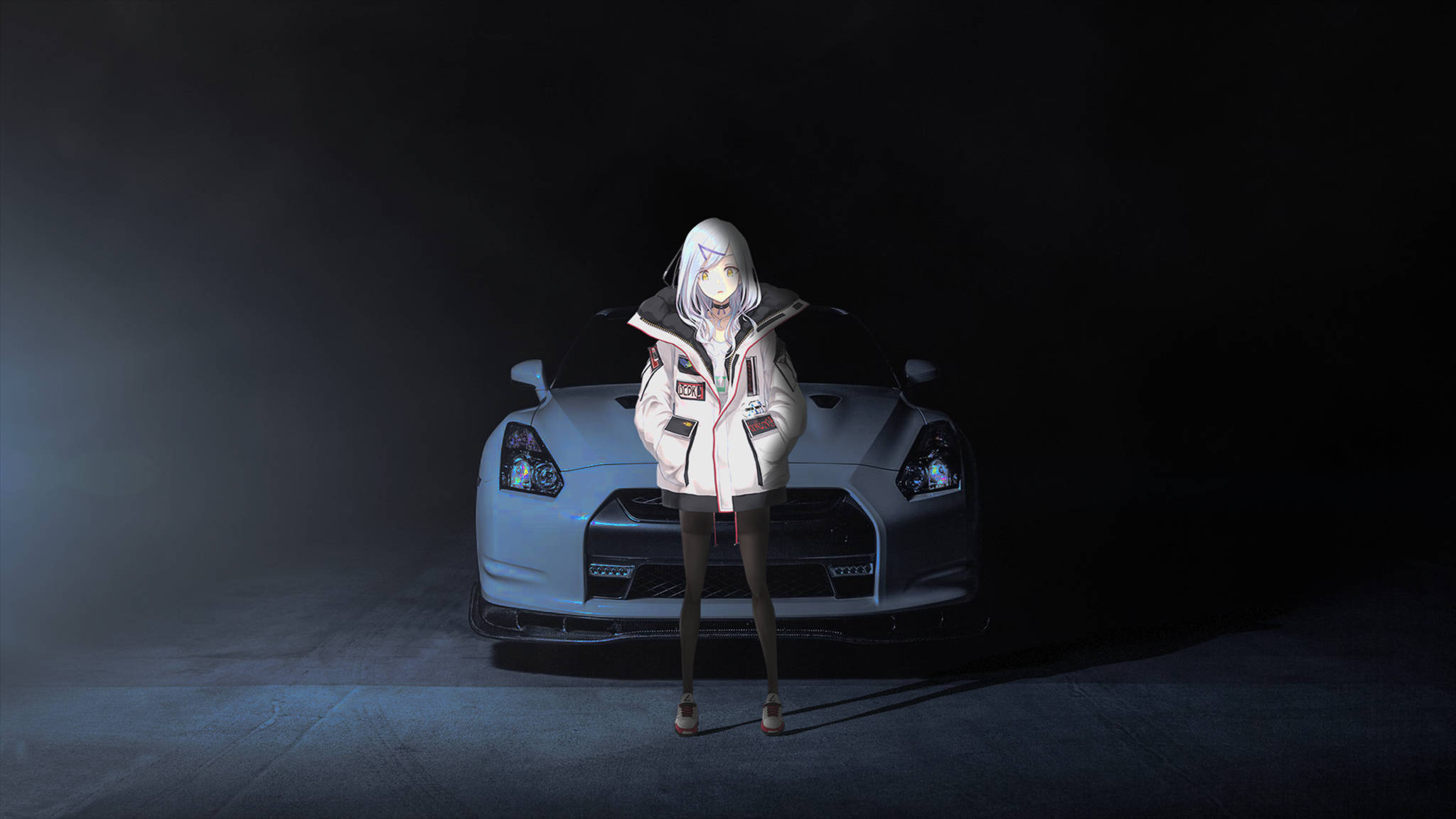 white-haired anime girl, racing jacket, glowing white sports car, Full HD Desktop Wallpaper