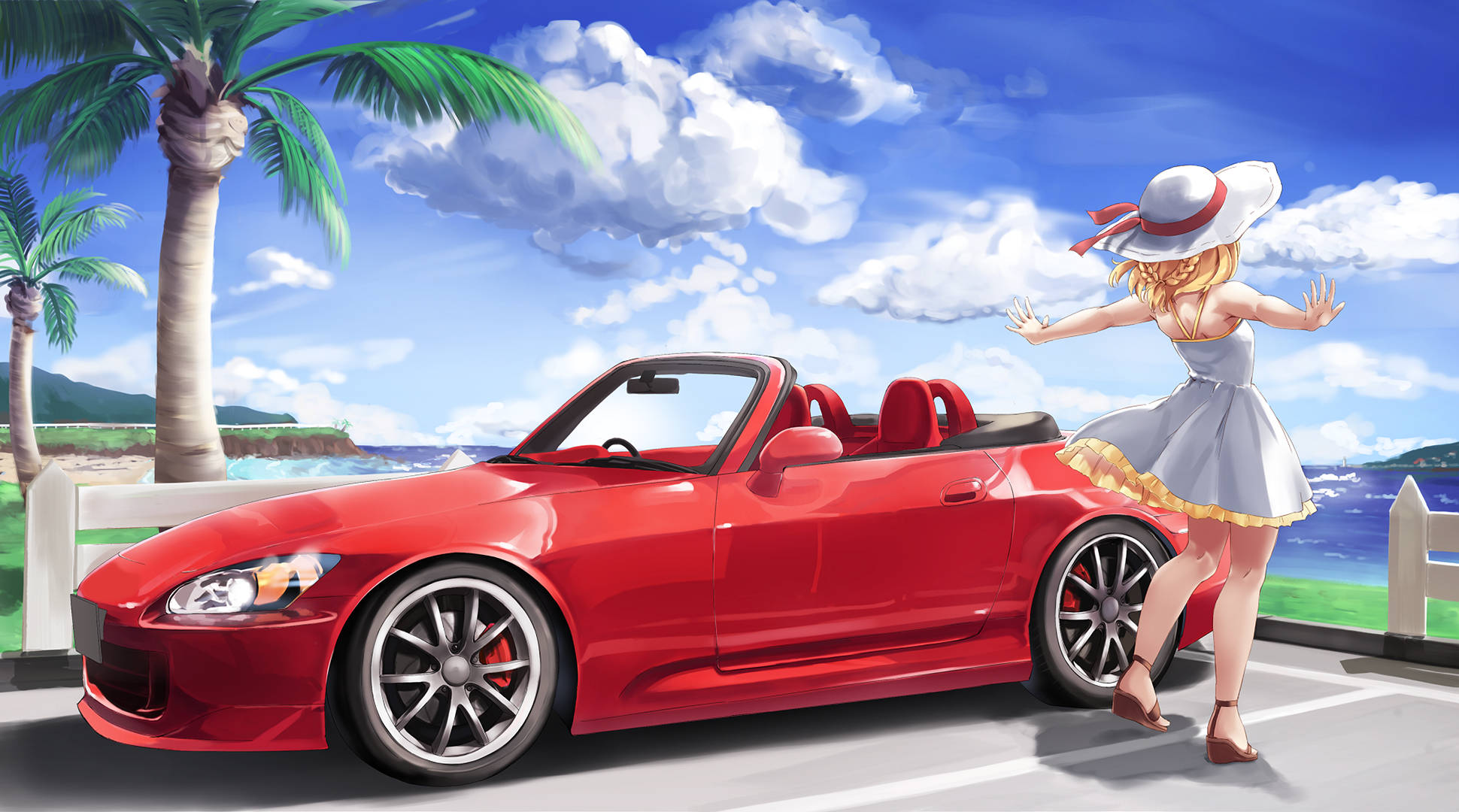 anime girl, white dress, shiny red convertible sports car, Full HD Desktop Wallpaper