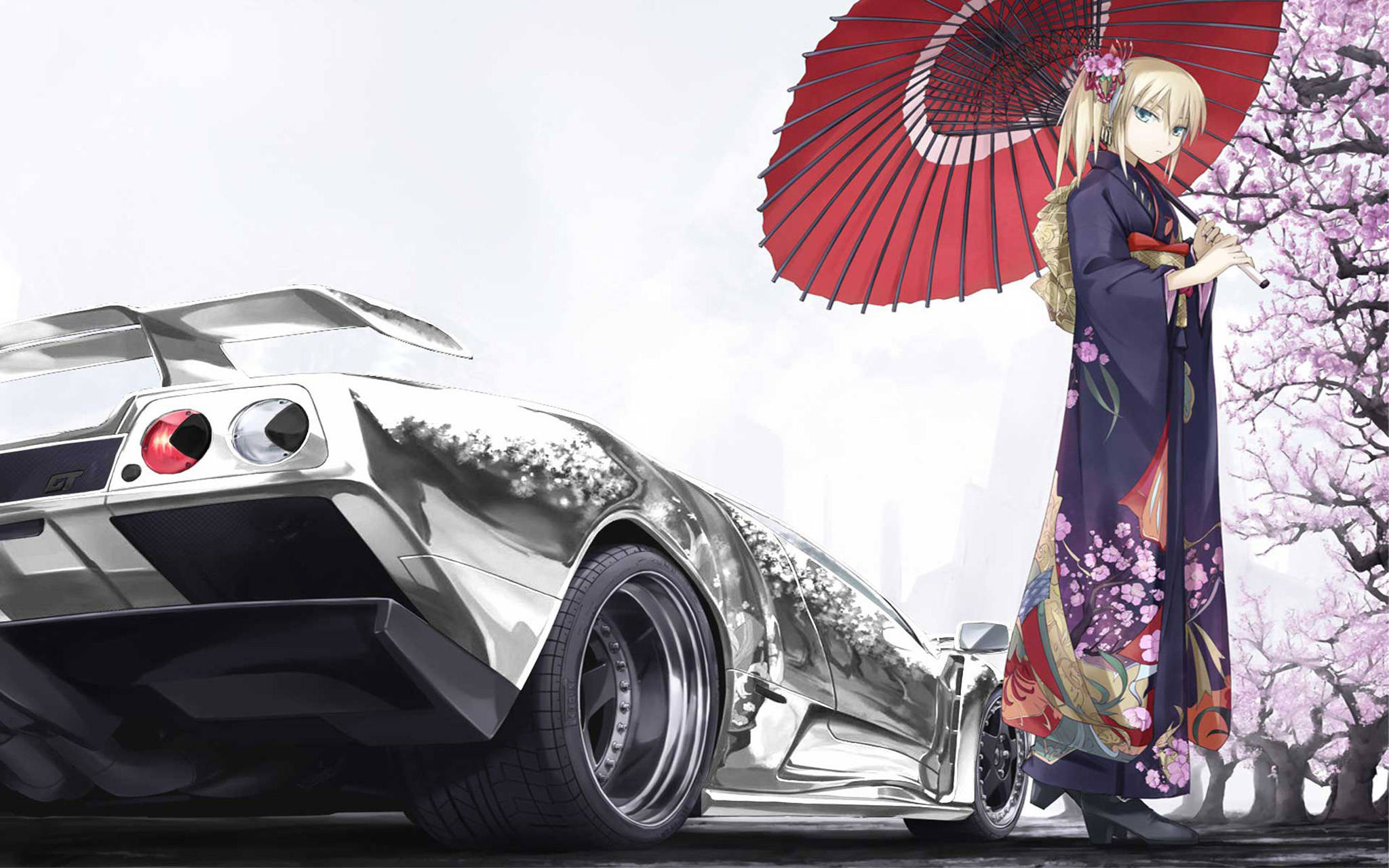silver sports car, blonde anime girl, cherry blossom kimono, Full HD Desktop Wallpaper