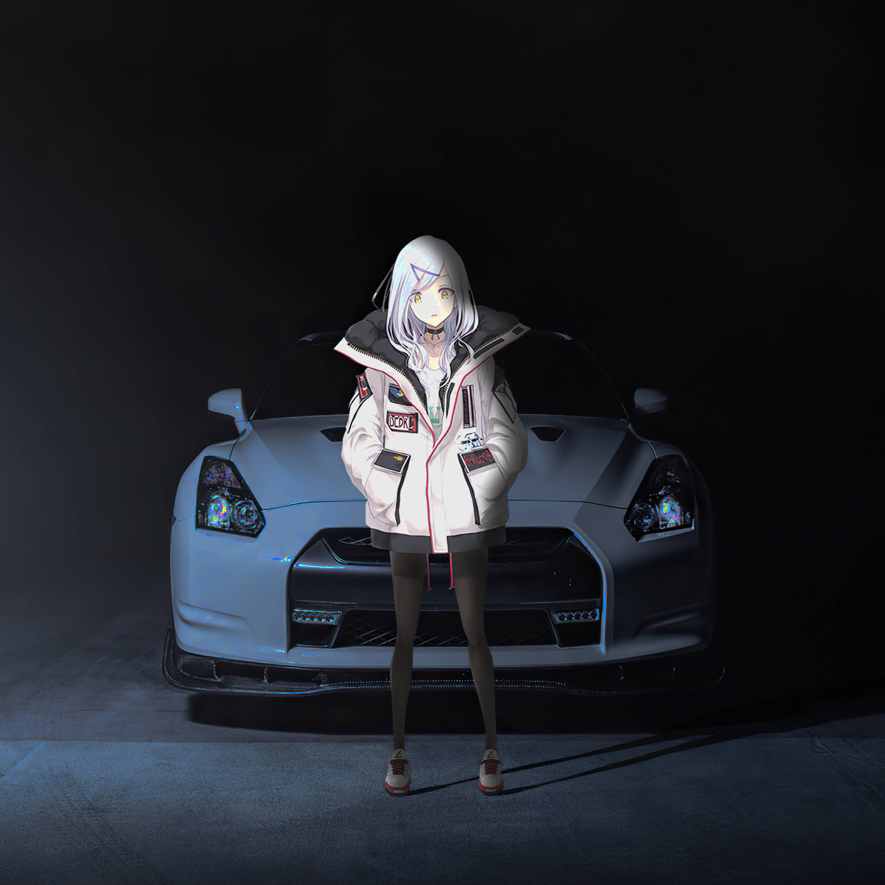 silver sports car, glowing headlights, white-haired anime girl, 2K Desktop Wallpaper