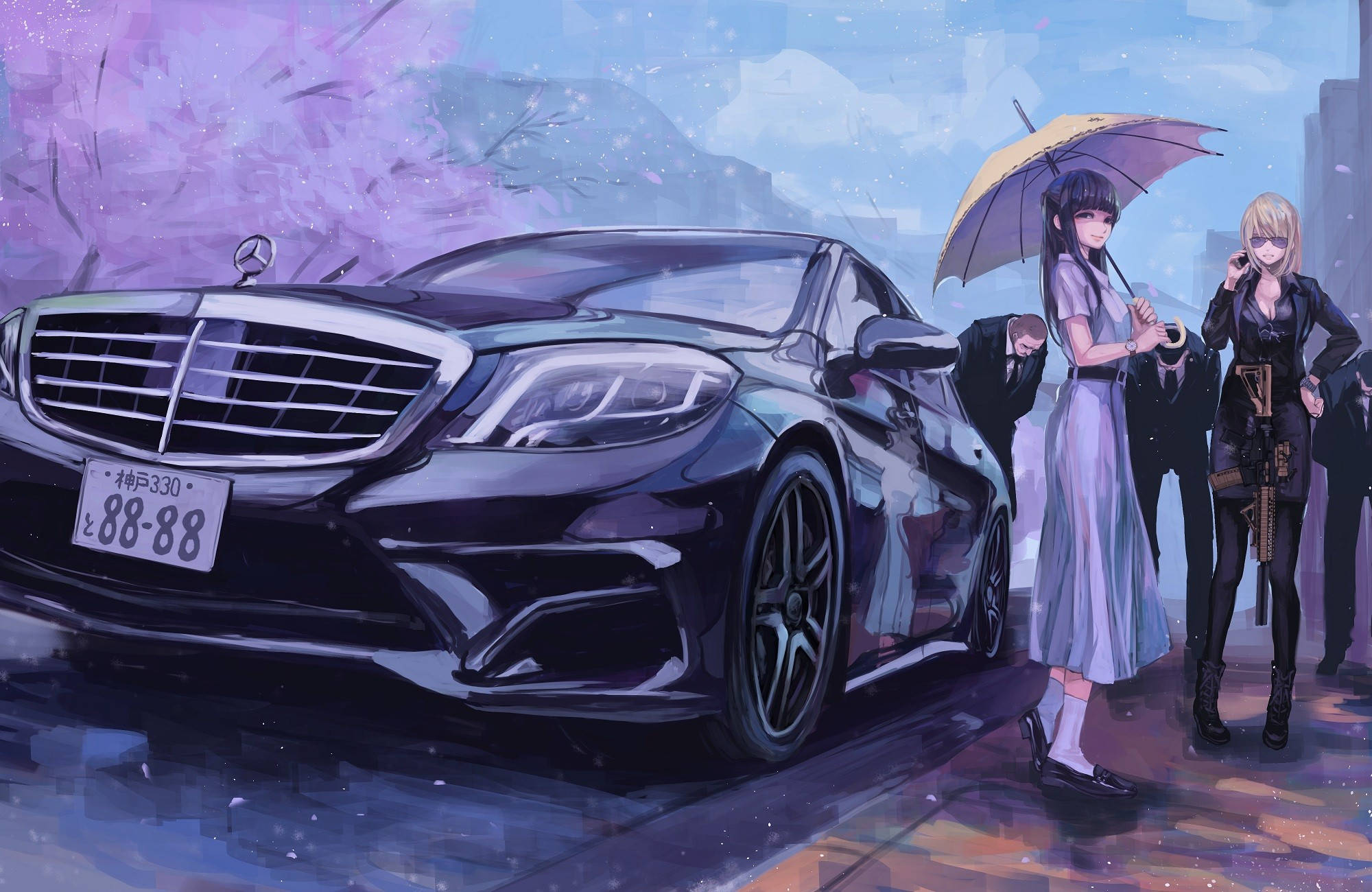 Mercedes sedan, black, cherry blossoms, Full HD Desktop Wallpaper