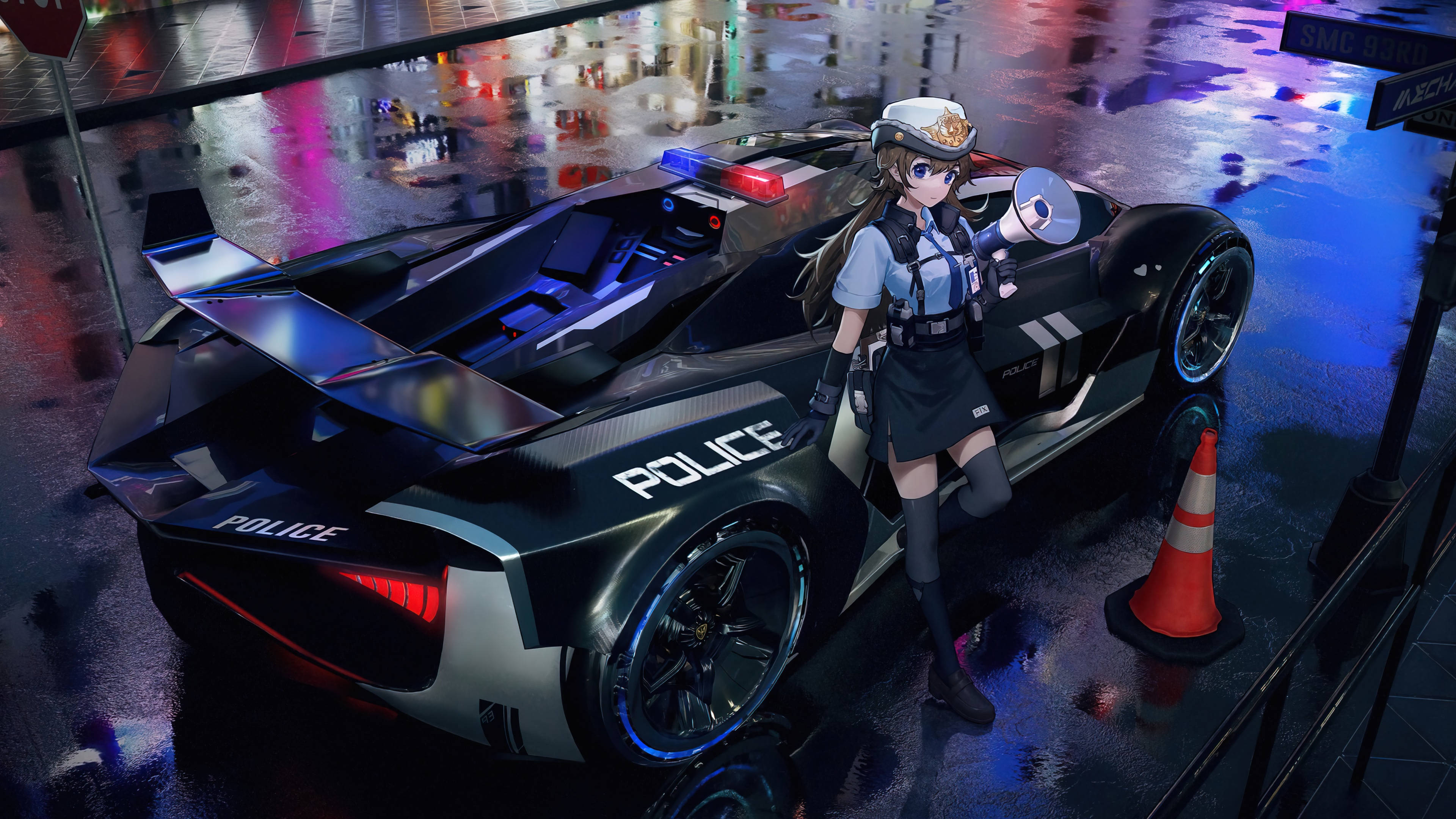 futuristic police officer, sleek black patrol car, neon-drenched rainy city street, 4K Desktop Wallpaper