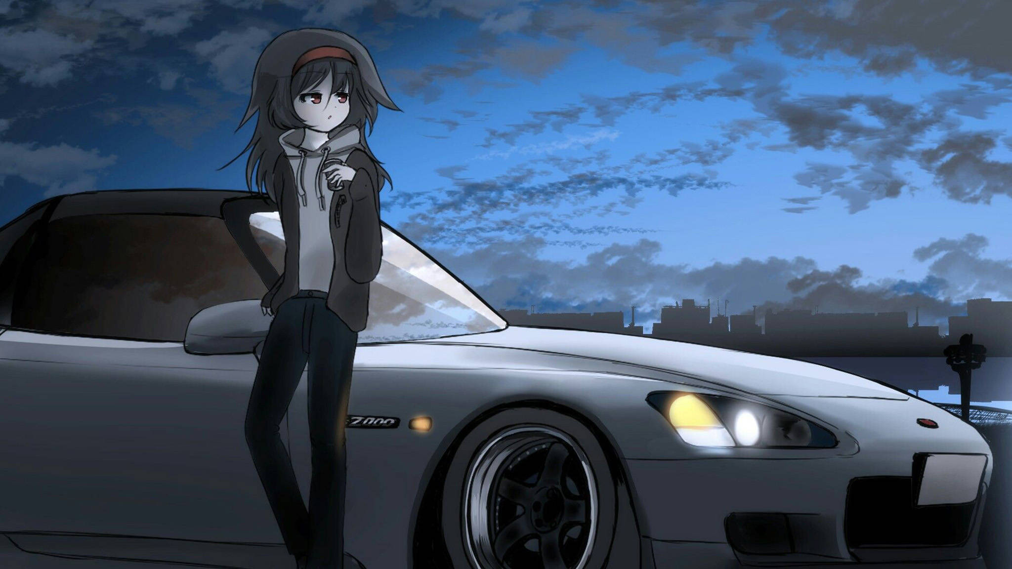 anime girl, silver sports car, twilight sky, Full HD Desktop Wallpaper