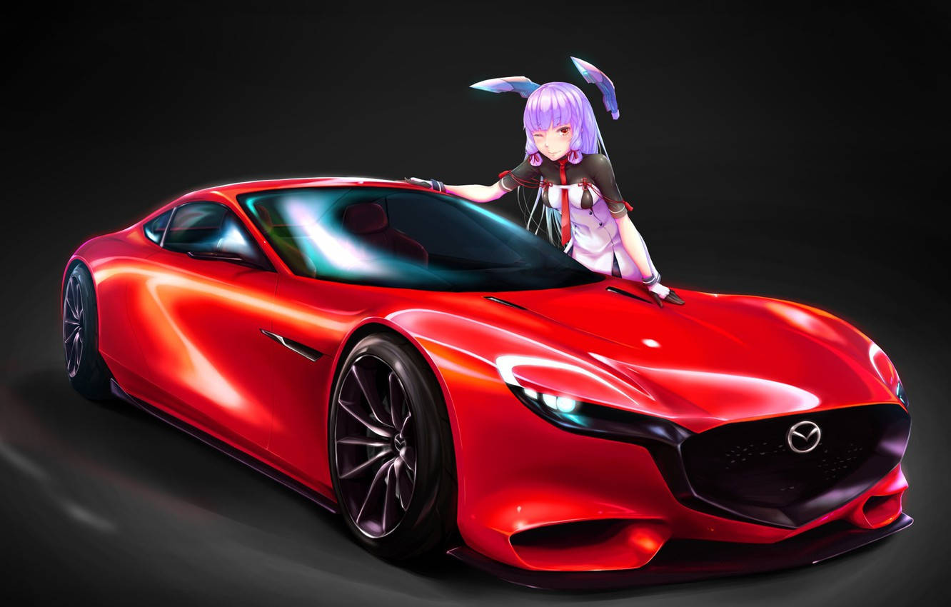 red Mazda RX, purple-haired anime girl, bunny ears, HD Desktop Wallpaper