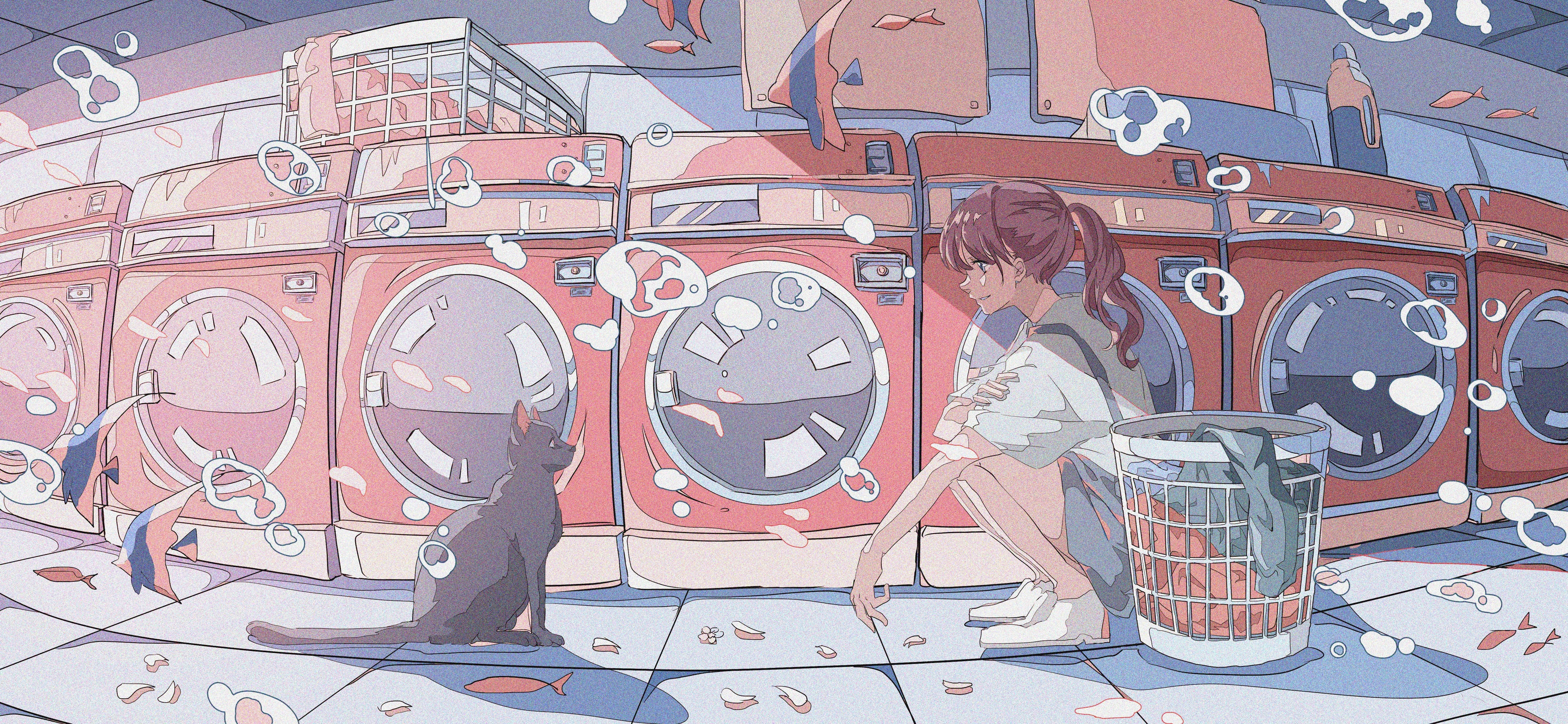 Anime Cat, laundromat, red washing machines, 5K Desktop Wallpaper