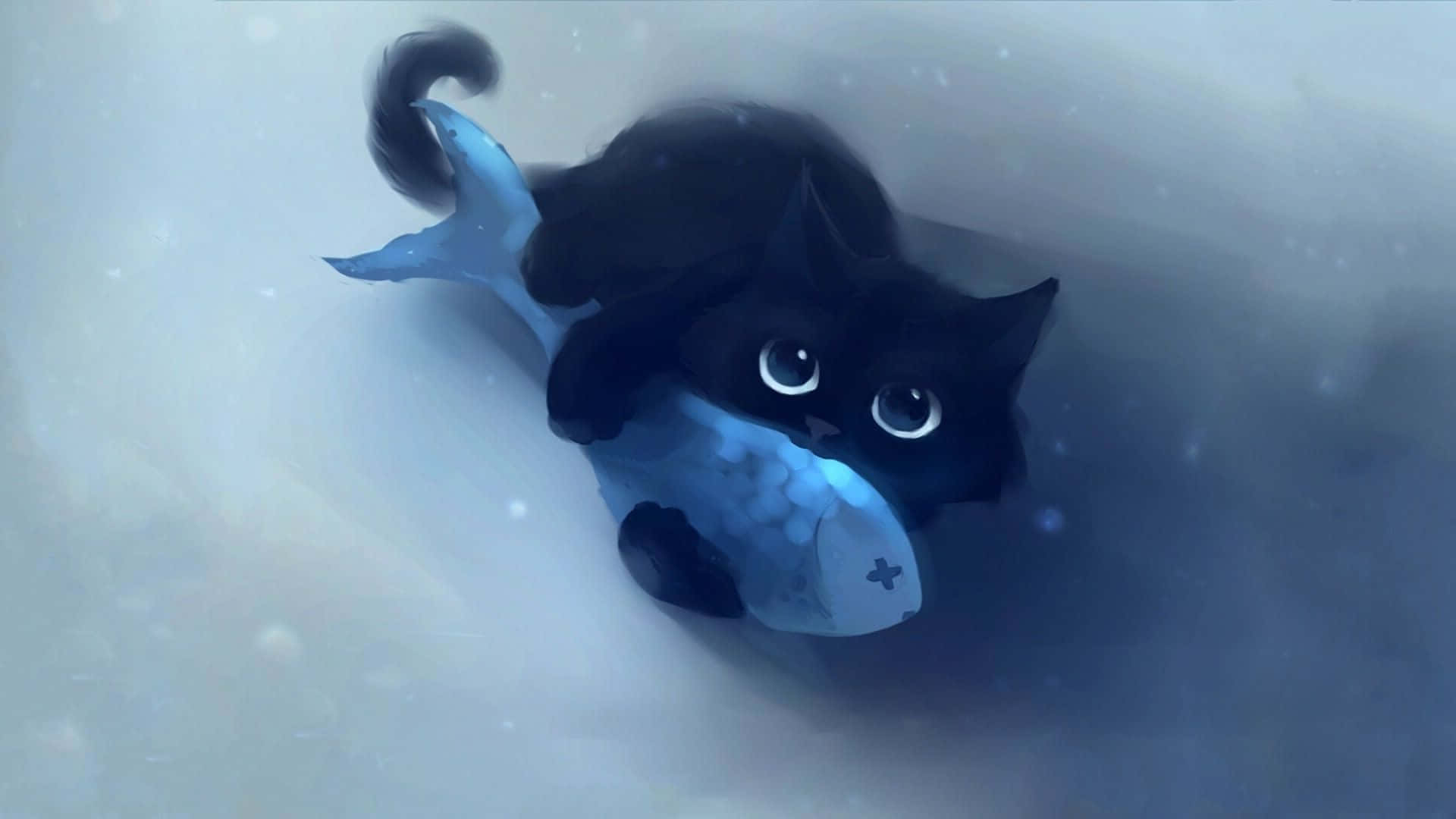 kawaii anime cat, black cat, blue fish tail, Full HD Desktop Wallpaper