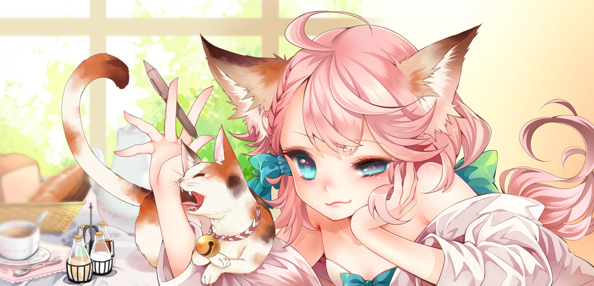pink-haired catgirl, blue eyes, calico cat, Full HD Desktop Wallpaper