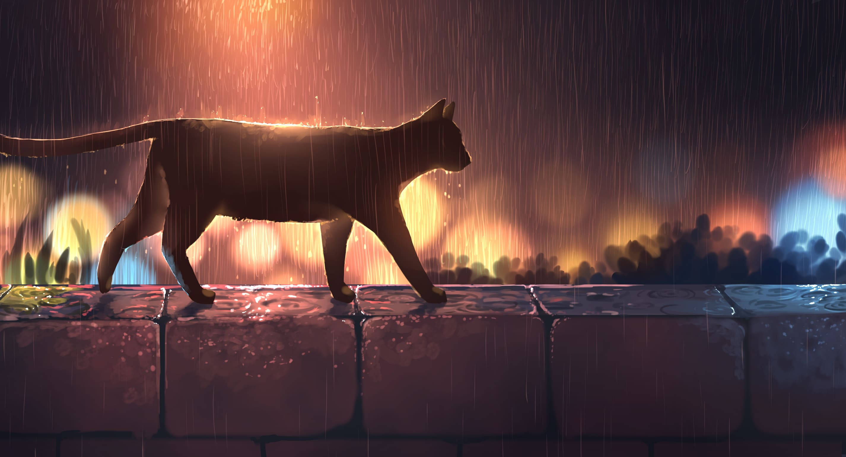 Anime Cat, rain, wet stone wall, 2K Desktop Wallpaper