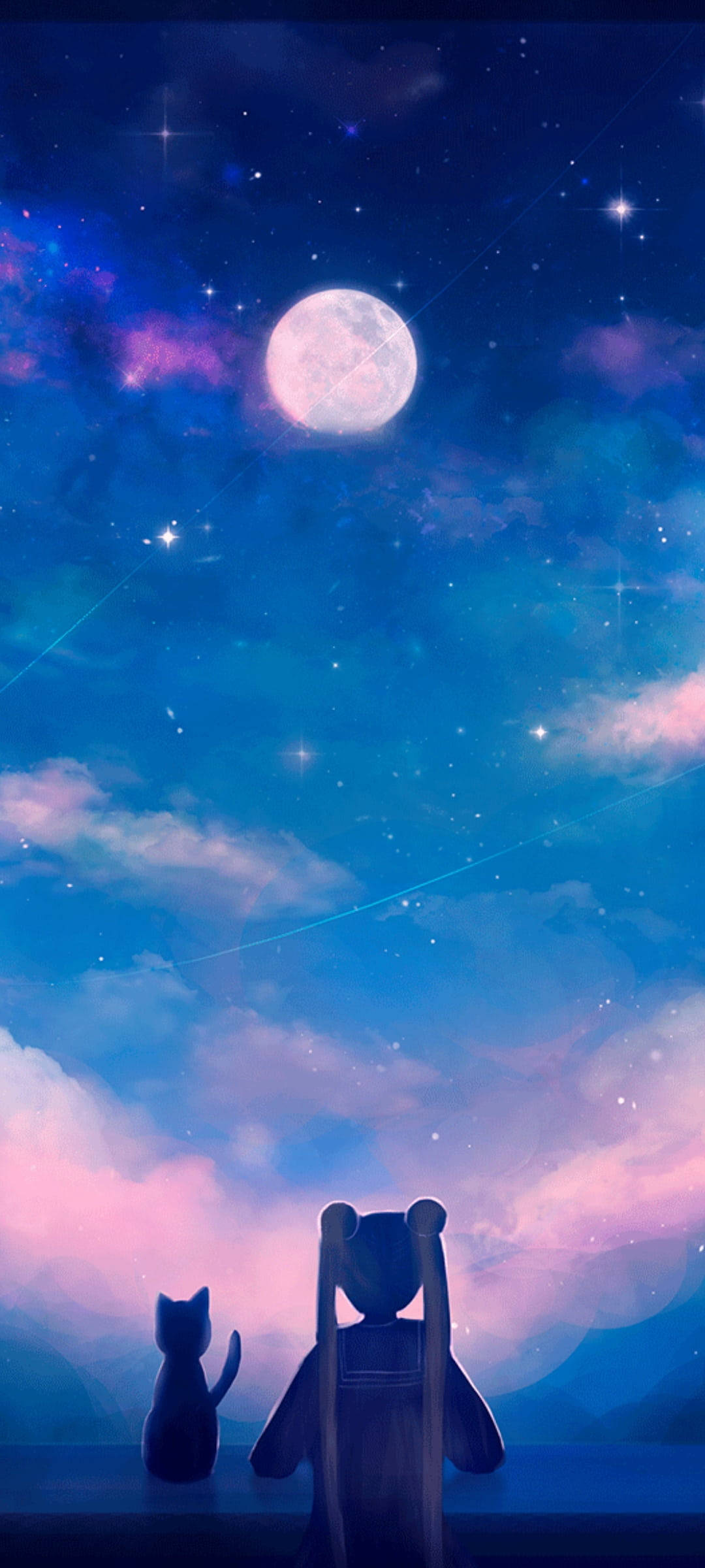 Moon Phone, Anime Cat, glowing moon, Full HD Phone Wallpaper