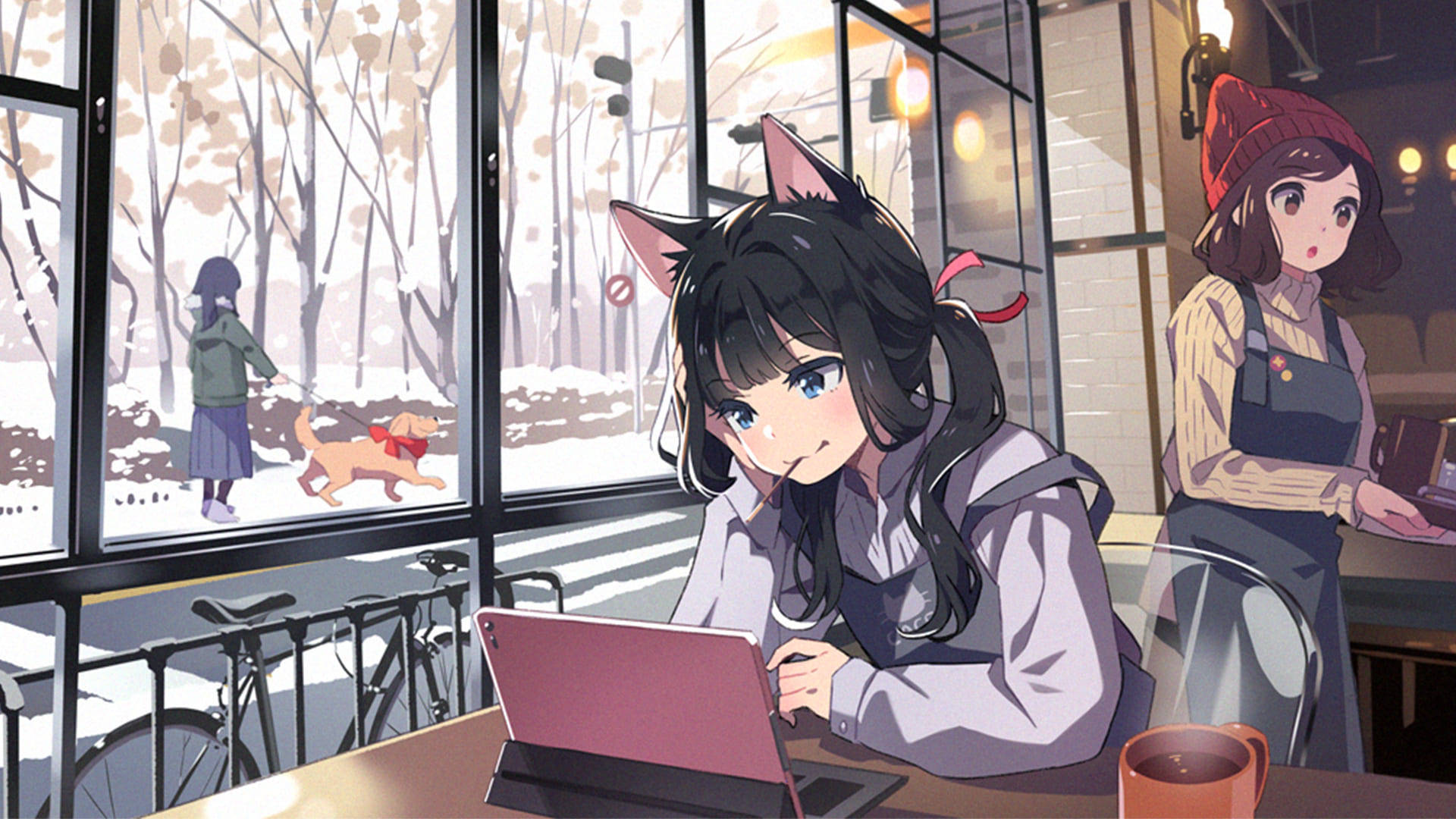 Winter Anime Cat Girl, cat-eared anime girl, tablet, Full HD Desktop Wallpaper