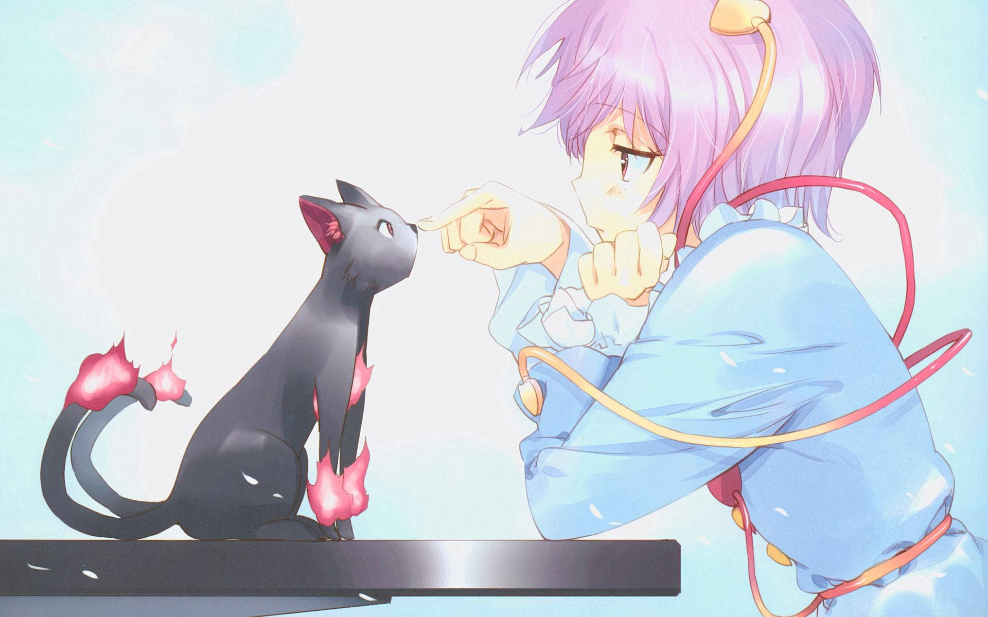 purple-haired anime girl, black cat, pink flame-like tail tips, Full HD Desktop Wallpaper