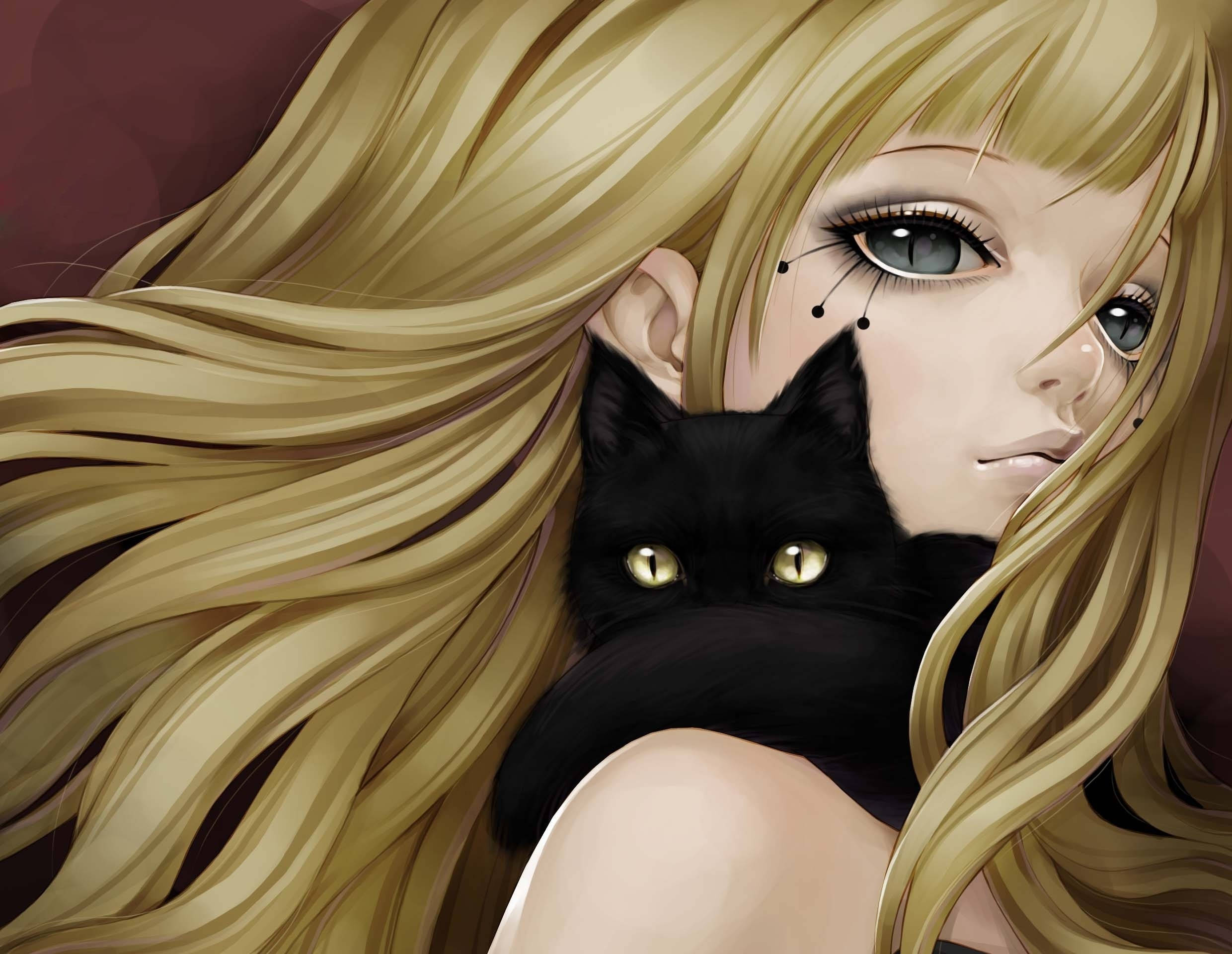 blonde anime girl, black cat with glowing yellow eyes, deep maroon backdrop, Full HD Desktop Wallpaper