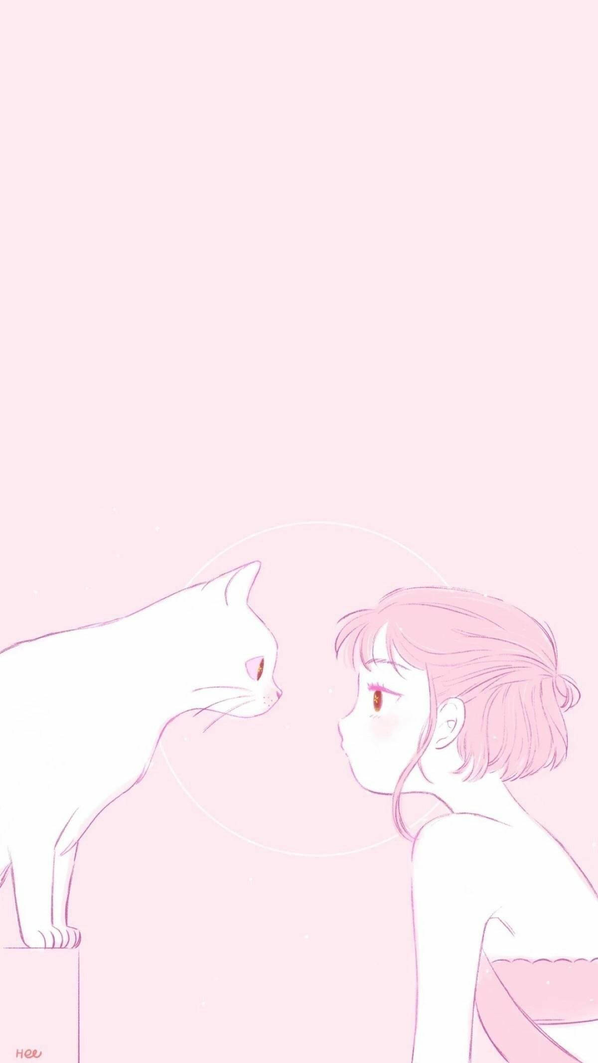 pink-haired girl, white cat, minimalist pastel pink setting, Full HD Phone Wallpaper