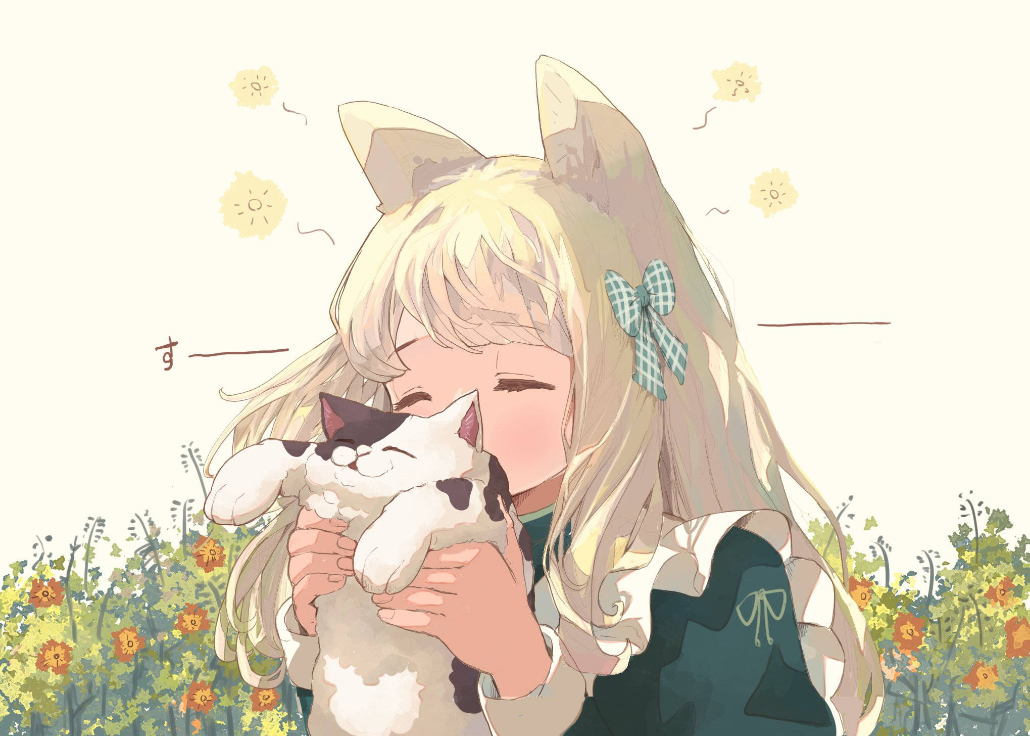 Blonde Anime Cat Girl, fox ears, blue bow, Full HD Desktop Wallpaper