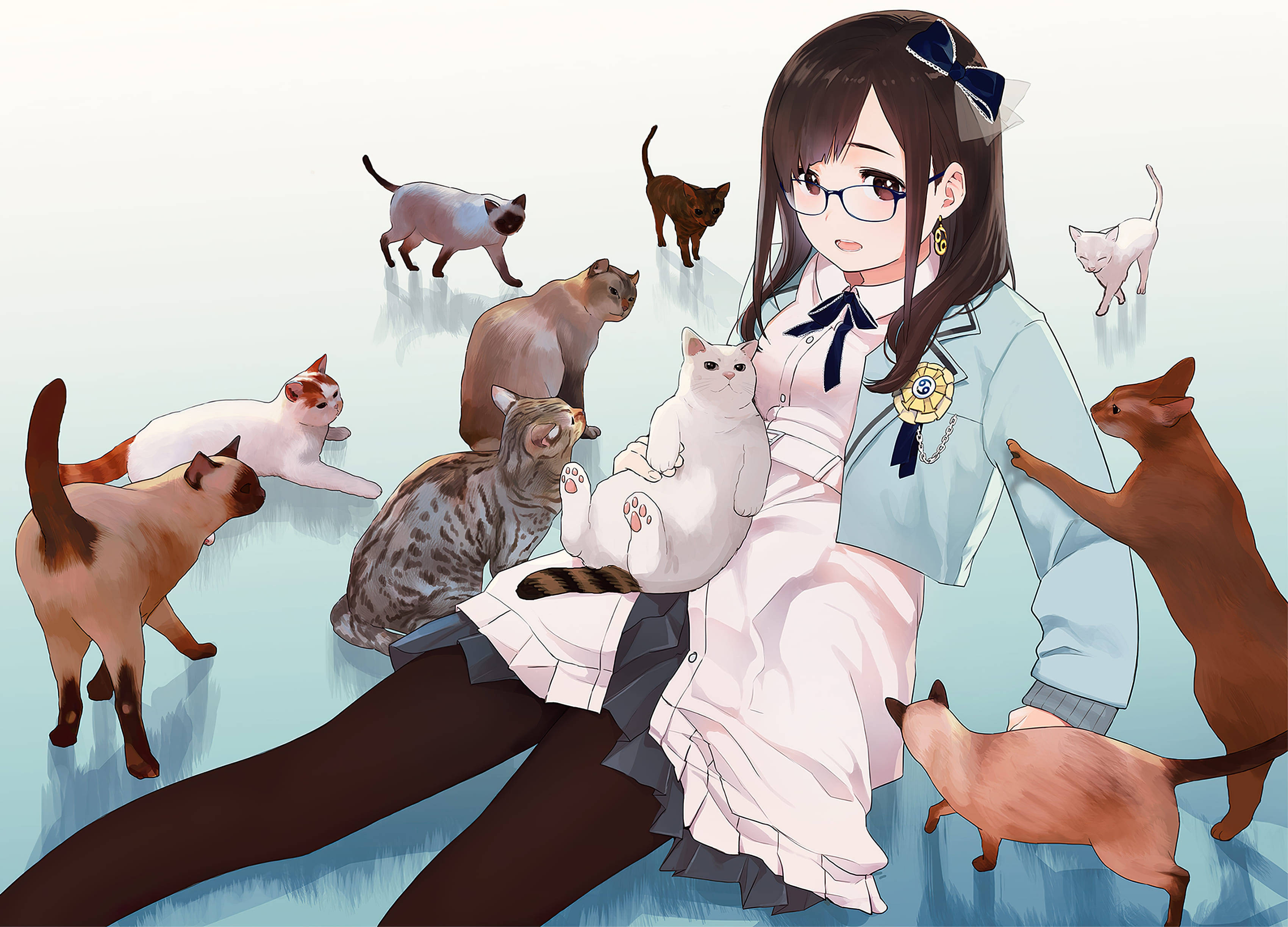 anime girl, school uniform, cats, 2K Desktop Wallpaper