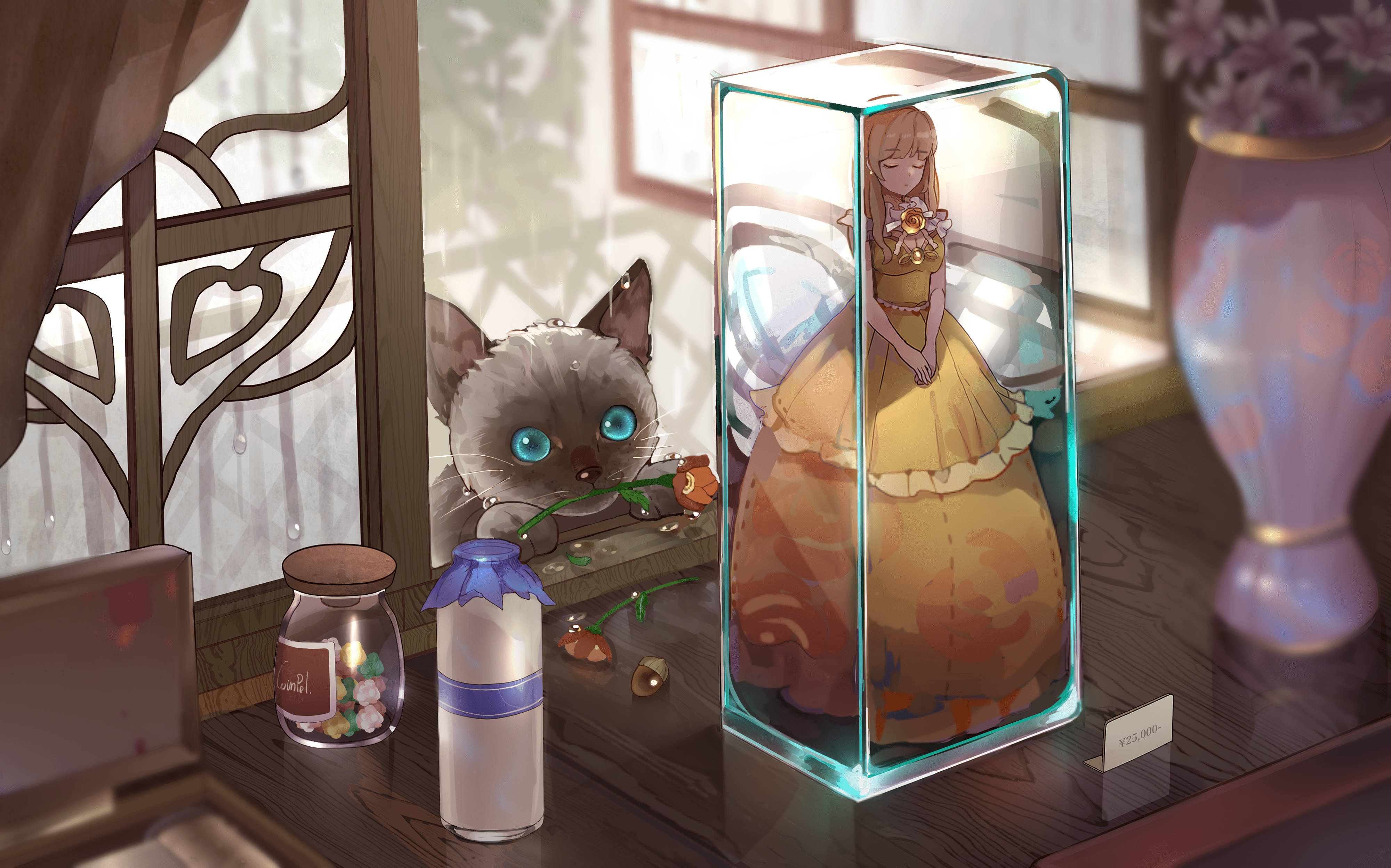 gray anime cat, glowing blue eyes, glowing glass case, 4K Desktop Wallpaper