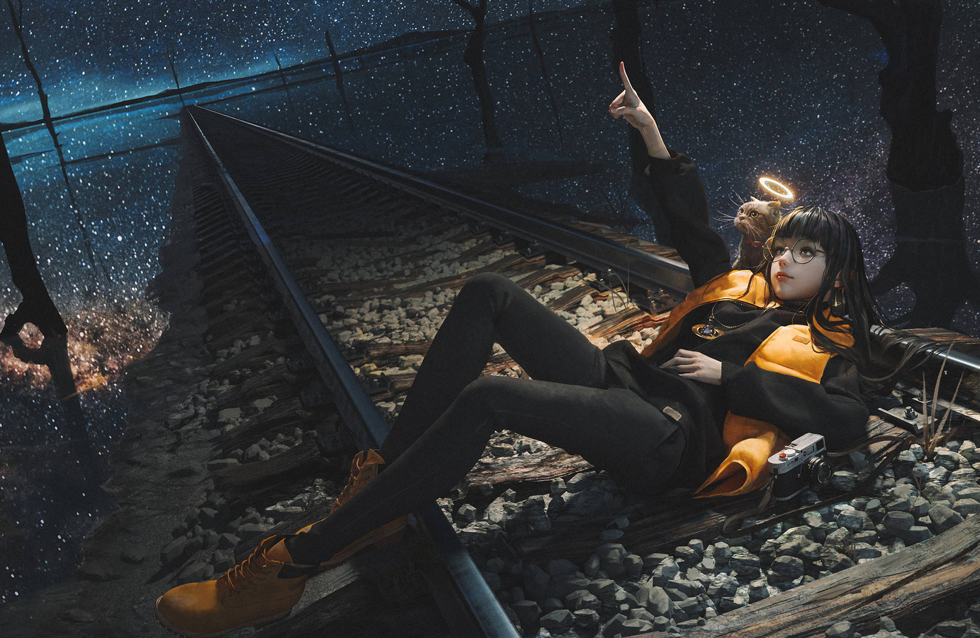 Galaxy Anime Cat, starry night sky, black and orange outfit, Full HD Desktop Wallpaper