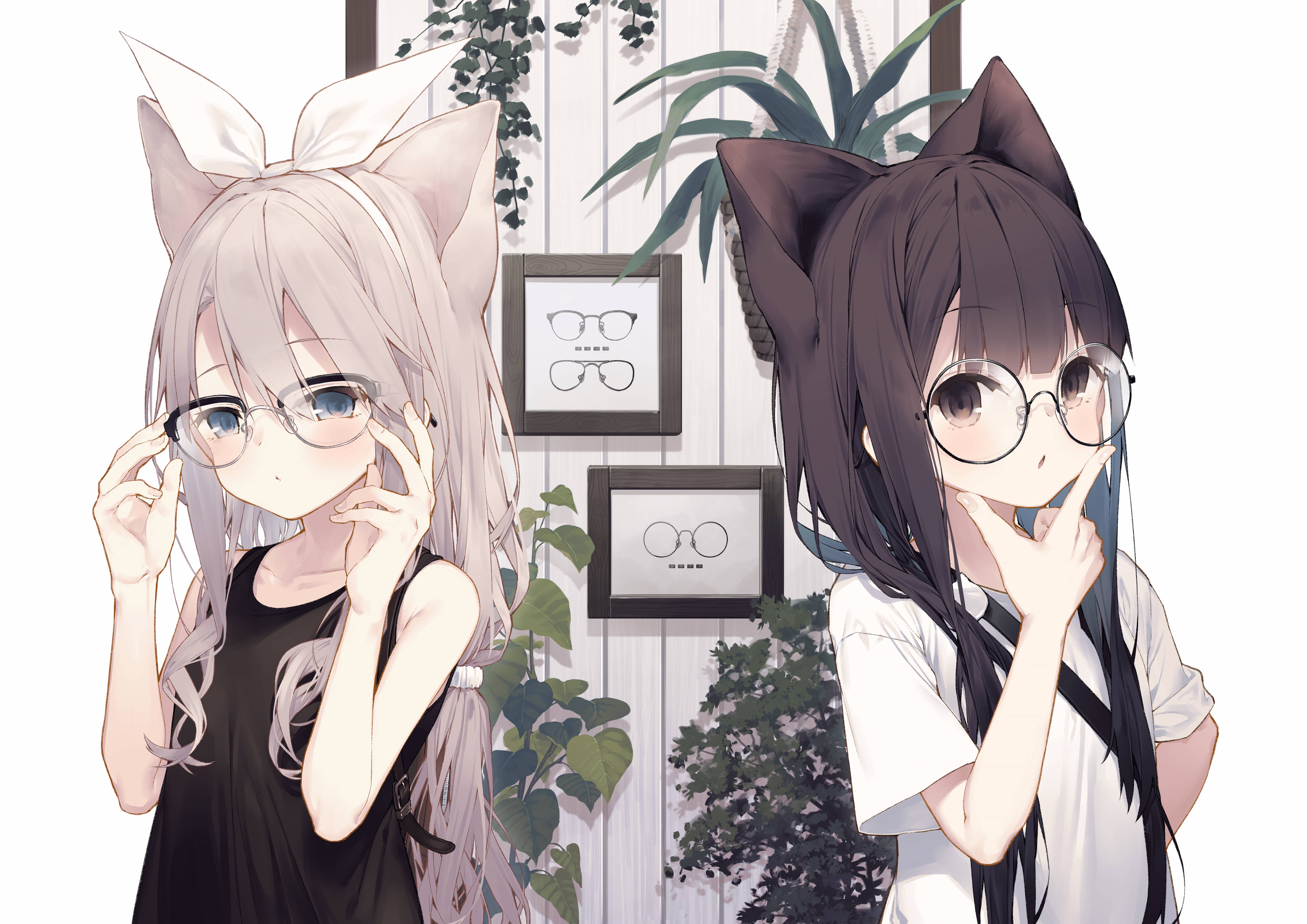 anime cat girls, glasses, cat ears, 5K Desktop Wallpaper