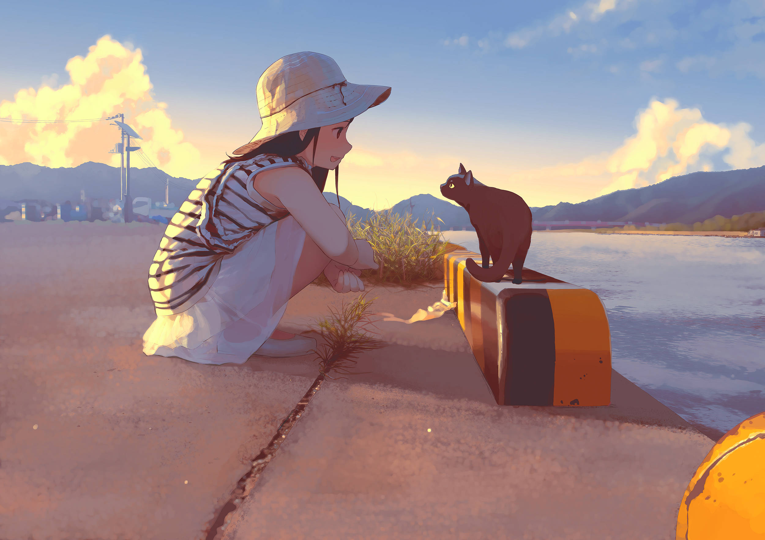 Anime Cat, black cat, yellow barrier, Full HD Desktop Wallpaper