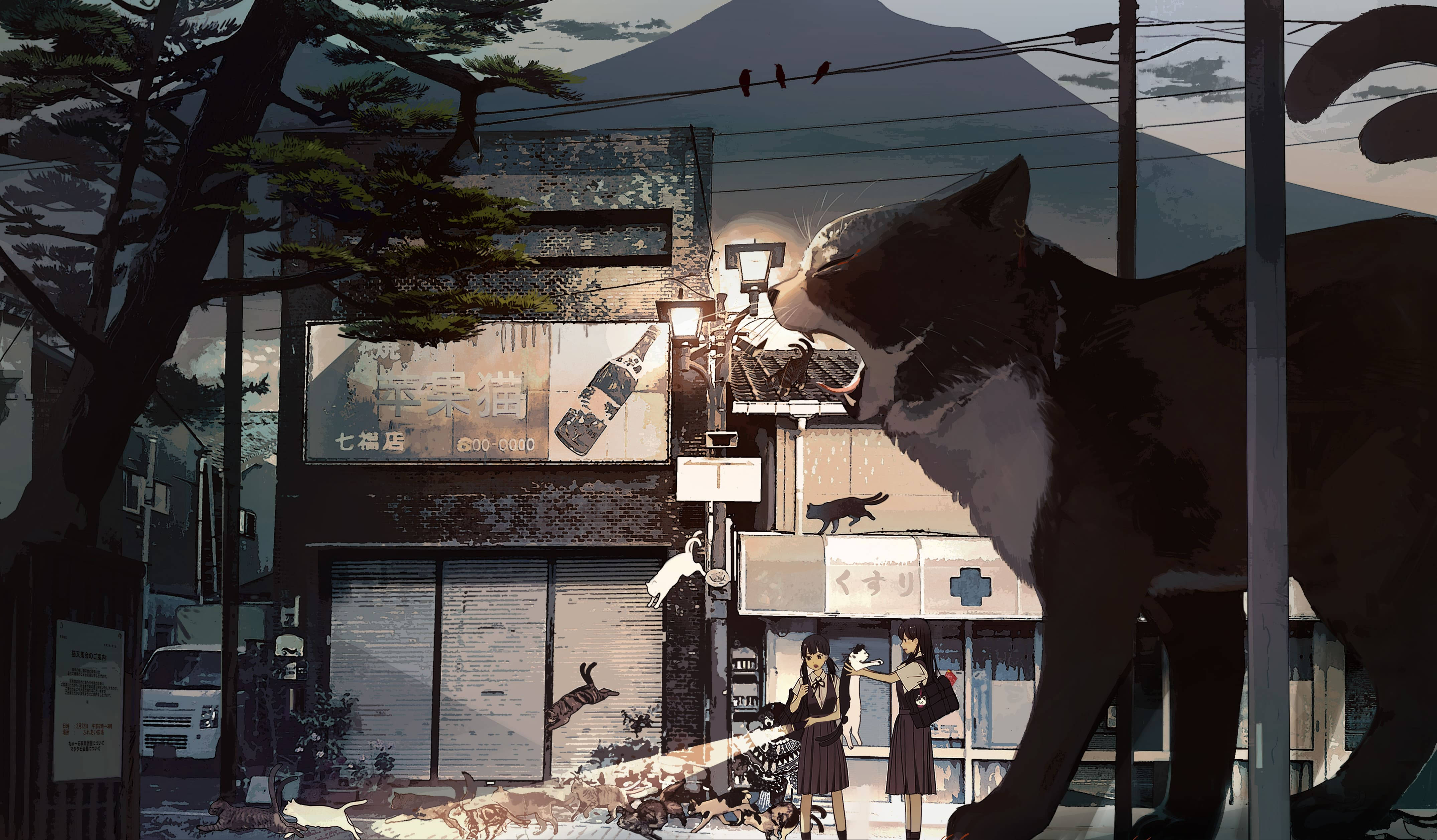 Stray Anime Cats, giant cat, quiet street, 4K Desktop Wallpaper