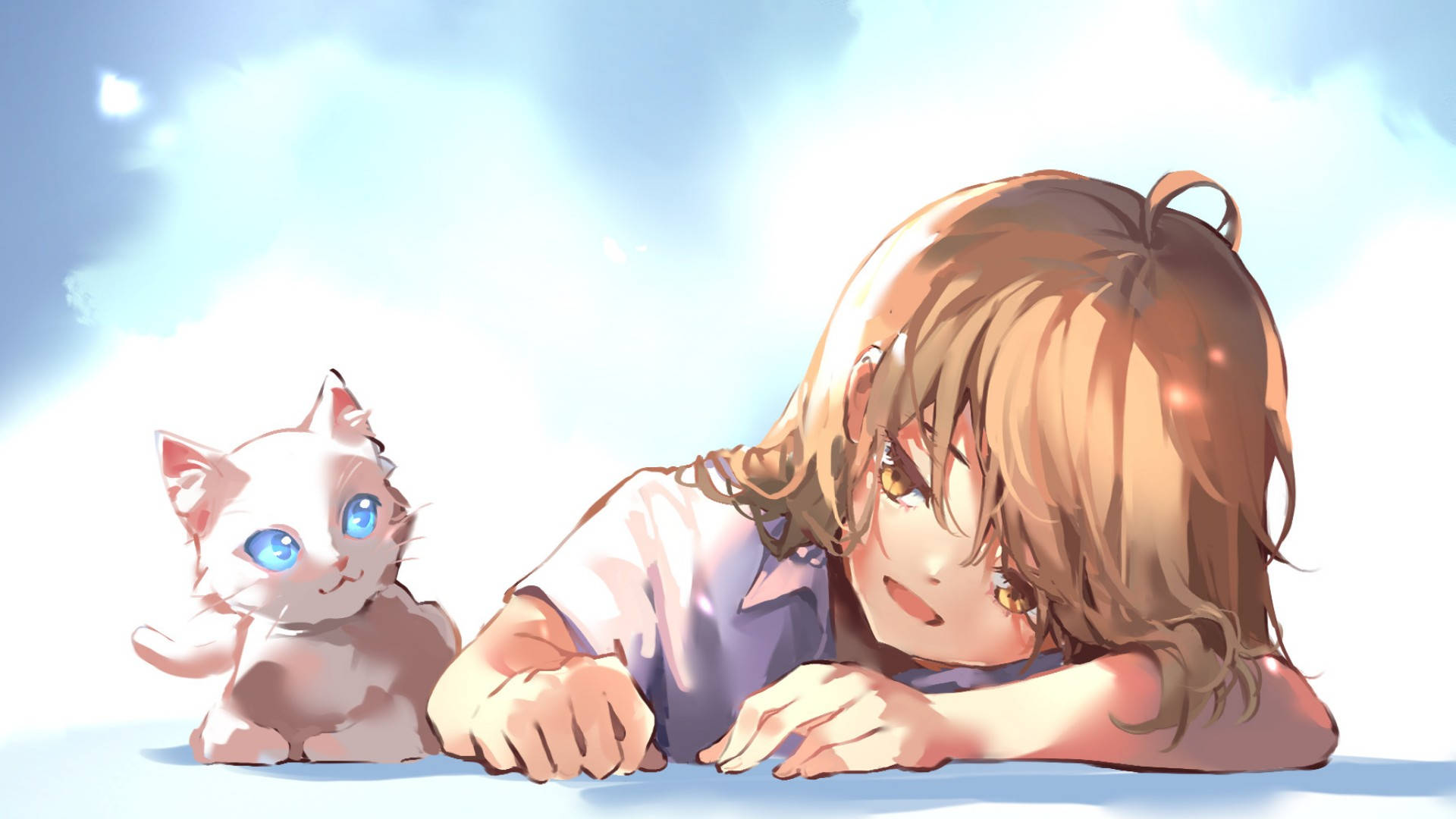 Anime Cat, sad girl, brown hair, Full HD Desktop Wallpaper