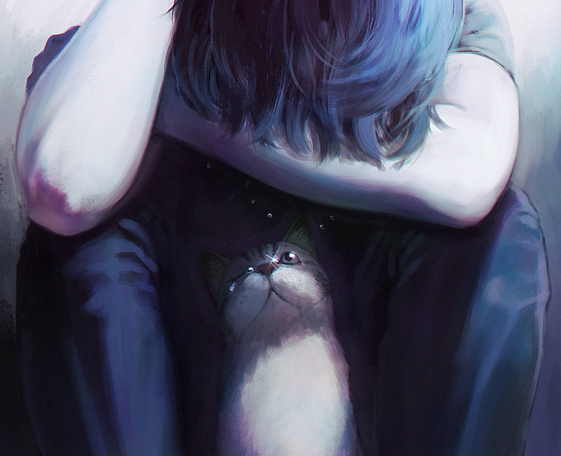 Anime Cat, blue hair, small cat, Full HD Desktop Wallpaper
