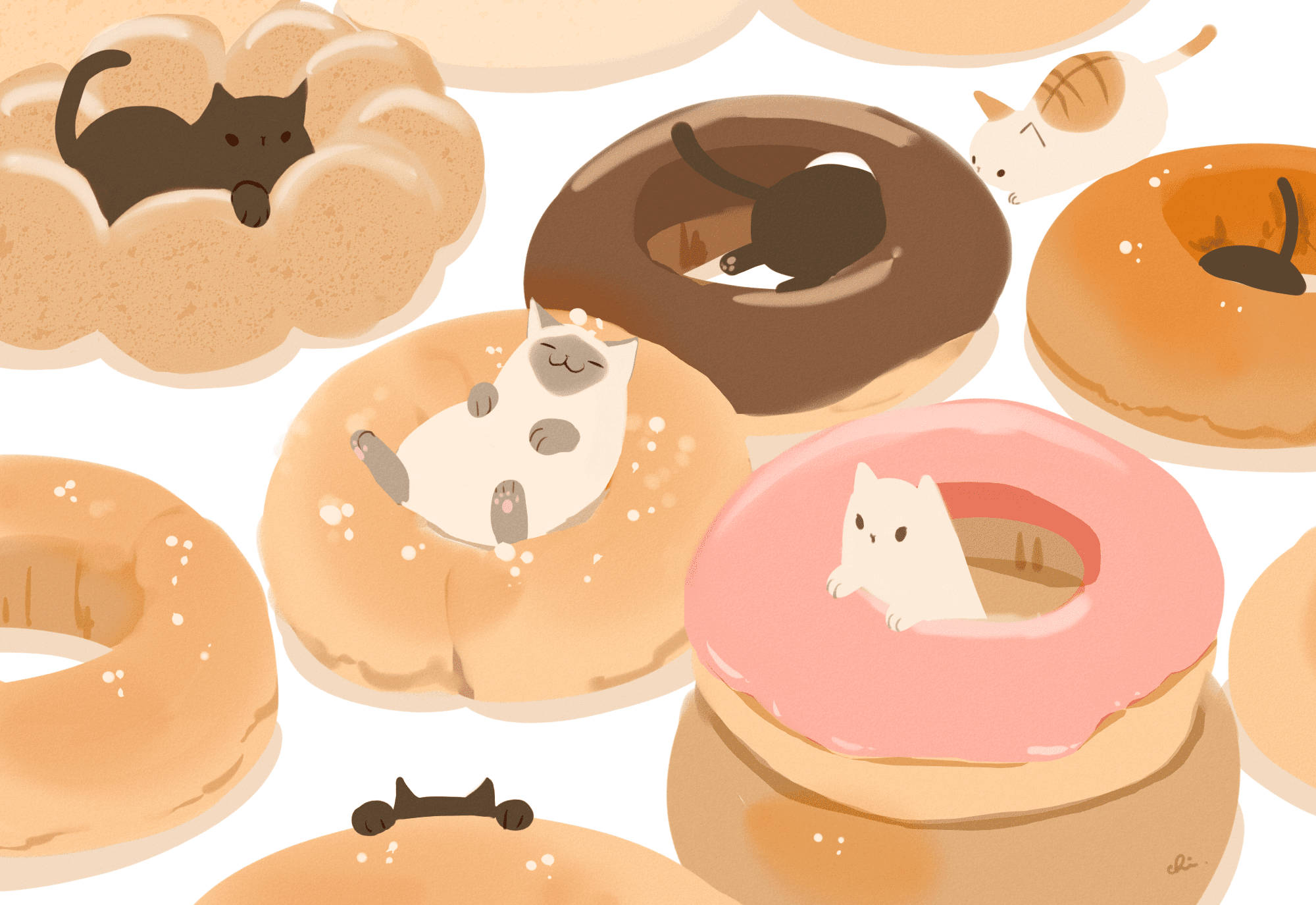 anime cats, pastel donuts, pink chocolate glaze, Full HD Desktop Wallpaper