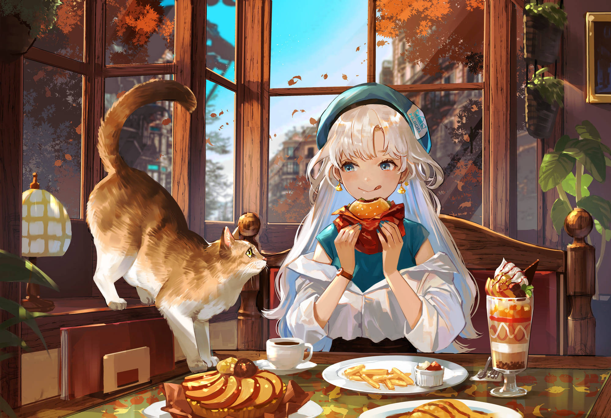 anime girl, white hair, ginger cat, Full HD Desktop Wallpaper
