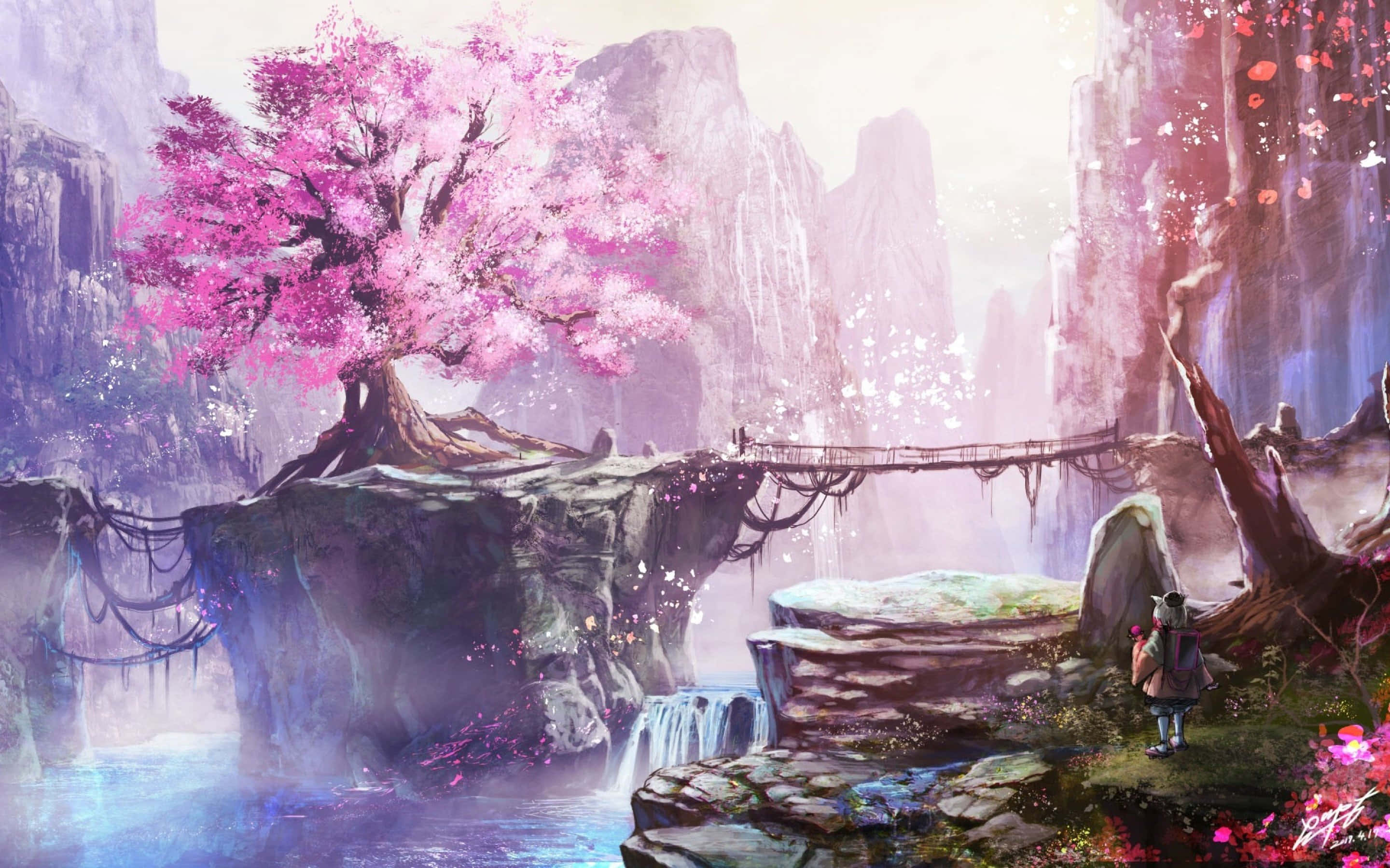 enchanted cherry blossom fantasy landscape, vibrant pink cherry blossom tree, cliffside, 2K Desktop Wallpaper
