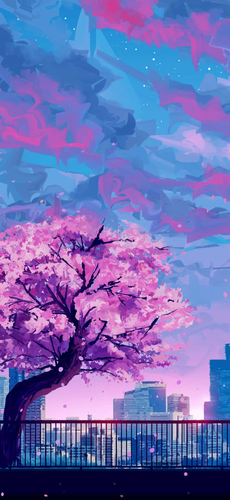 Anime Cherry Blossom, urban sunset, surreal blue and purple city skyline, Full HD Phone Wallpaper