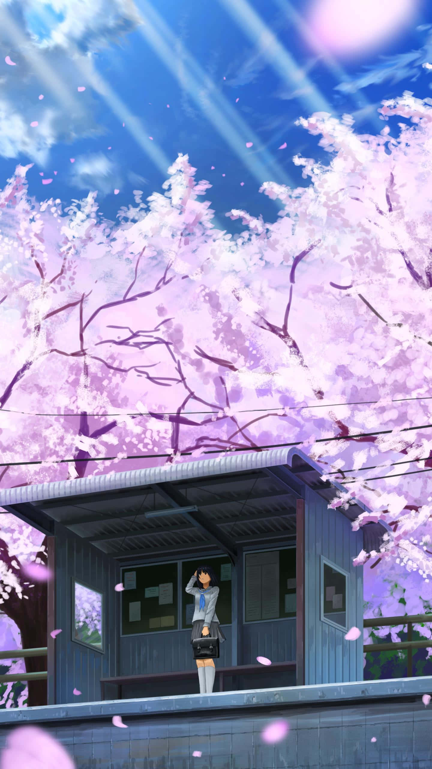 anime girl, school uniform, blue station platform, 2K Phone Wallpaper