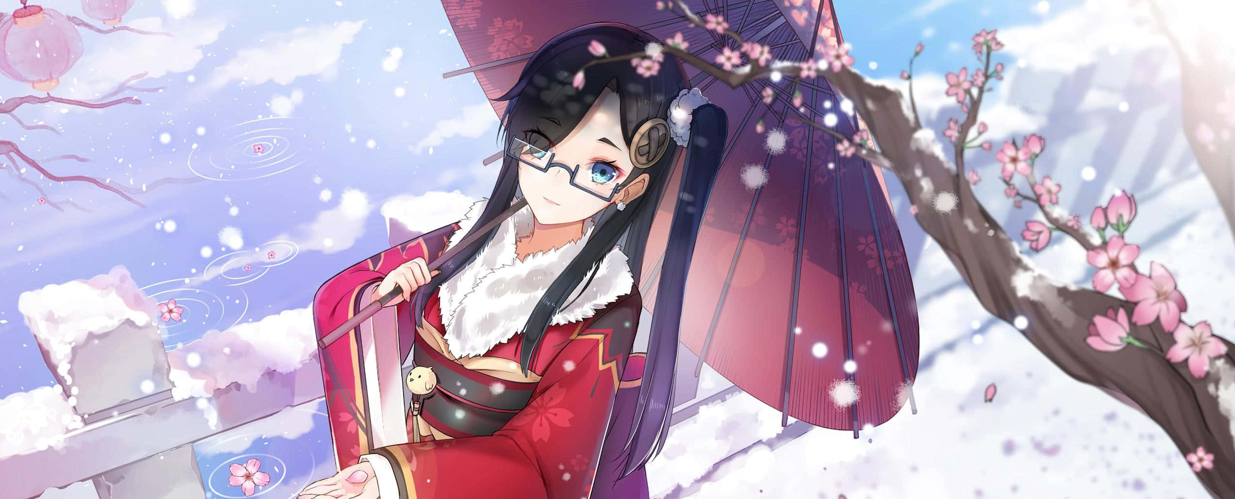 anime girl, red kimono, purple umbrella, Full HD Desktop Wallpaper