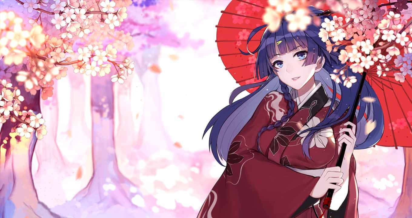 anime girl, blue hair, red umbrella, HD Desktop Wallpaper