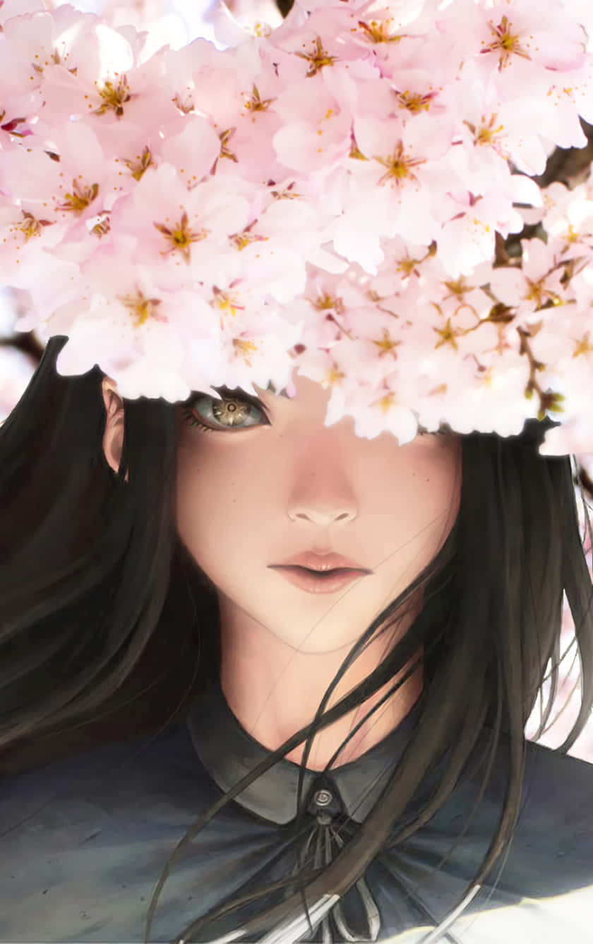 Anime Girl, cherry blossoms, dark hair, HD Phone Wallpaper