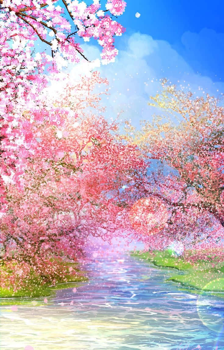 Anime Cherry Blossom, river, vibrant pink cherry blossoms, SD Phone Wallpaper