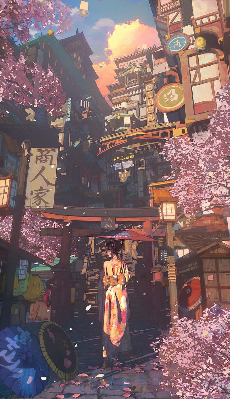 Anime Cherry Blossom, floral kimono, cherry blossom canopy, HD Phone Wallpaper