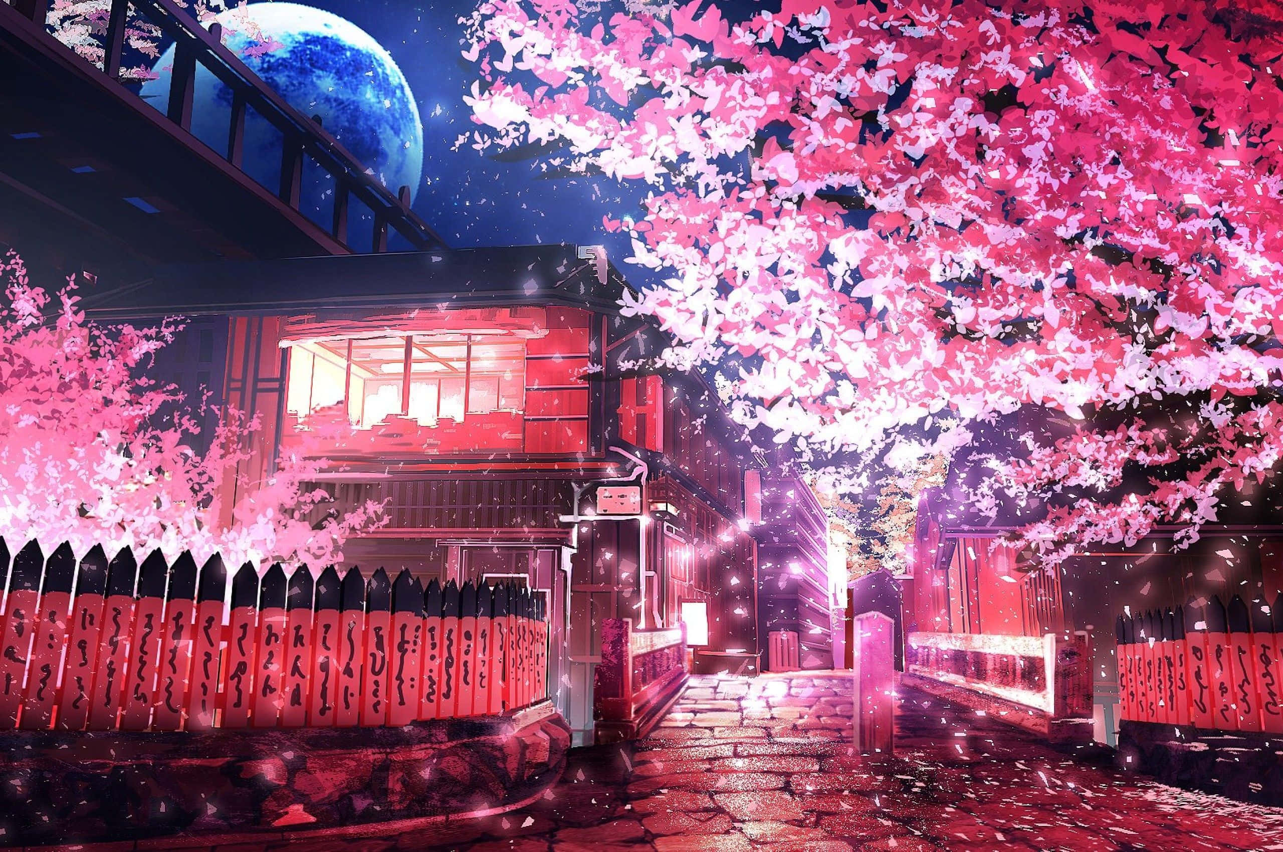 Moonlit Sakura Street, glowing red traditional Japanese house, massive blue moon, 2K Desktop Wallpaper