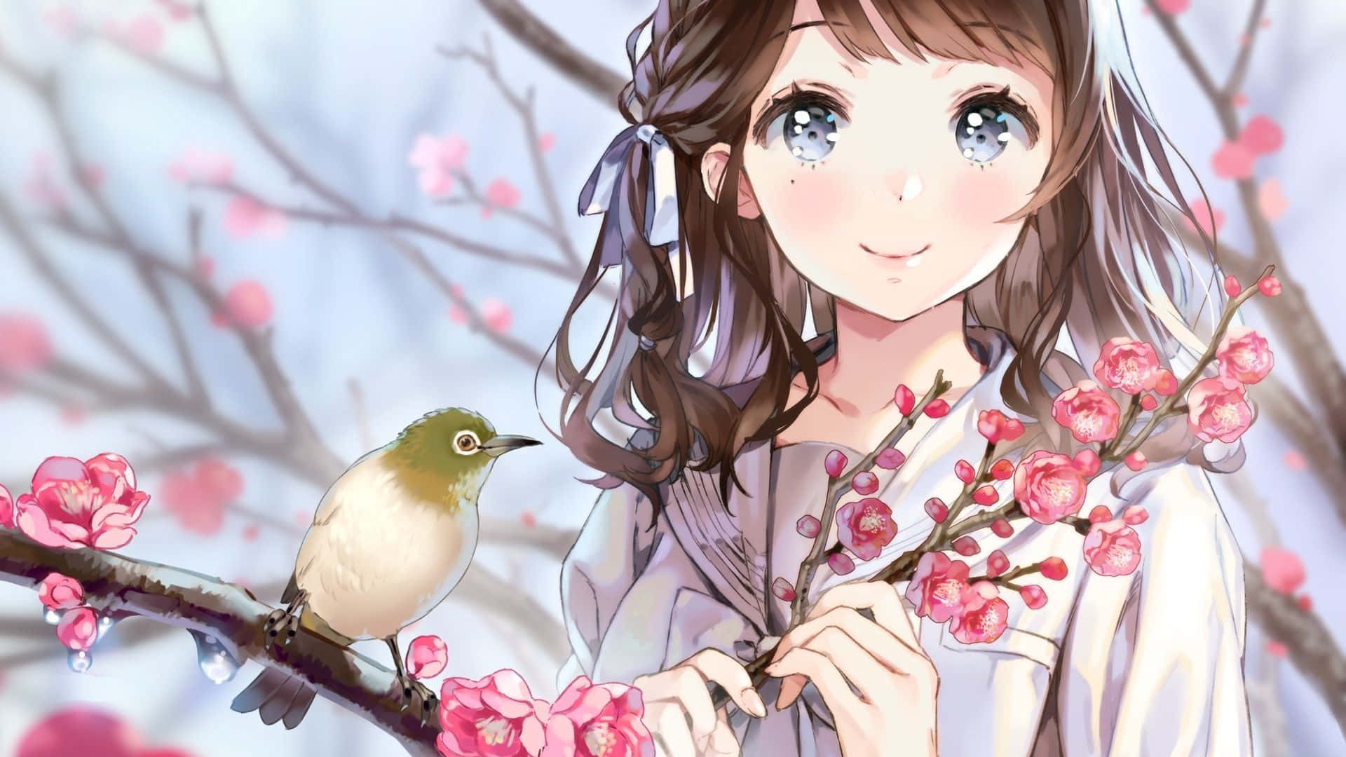 anime girl, braided hair, pink cherry blossom branches, Full HD Desktop Wallpaper
