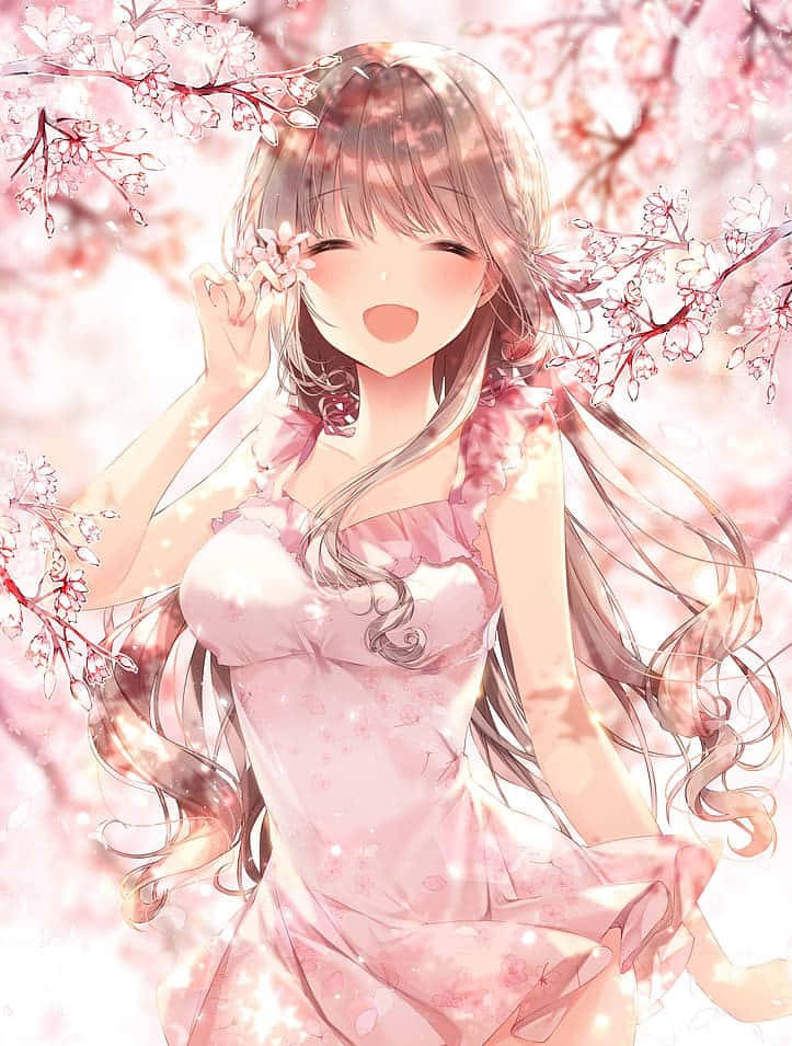 anime girl, pink dress, cherry blossoms, SD Phone Wallpaper