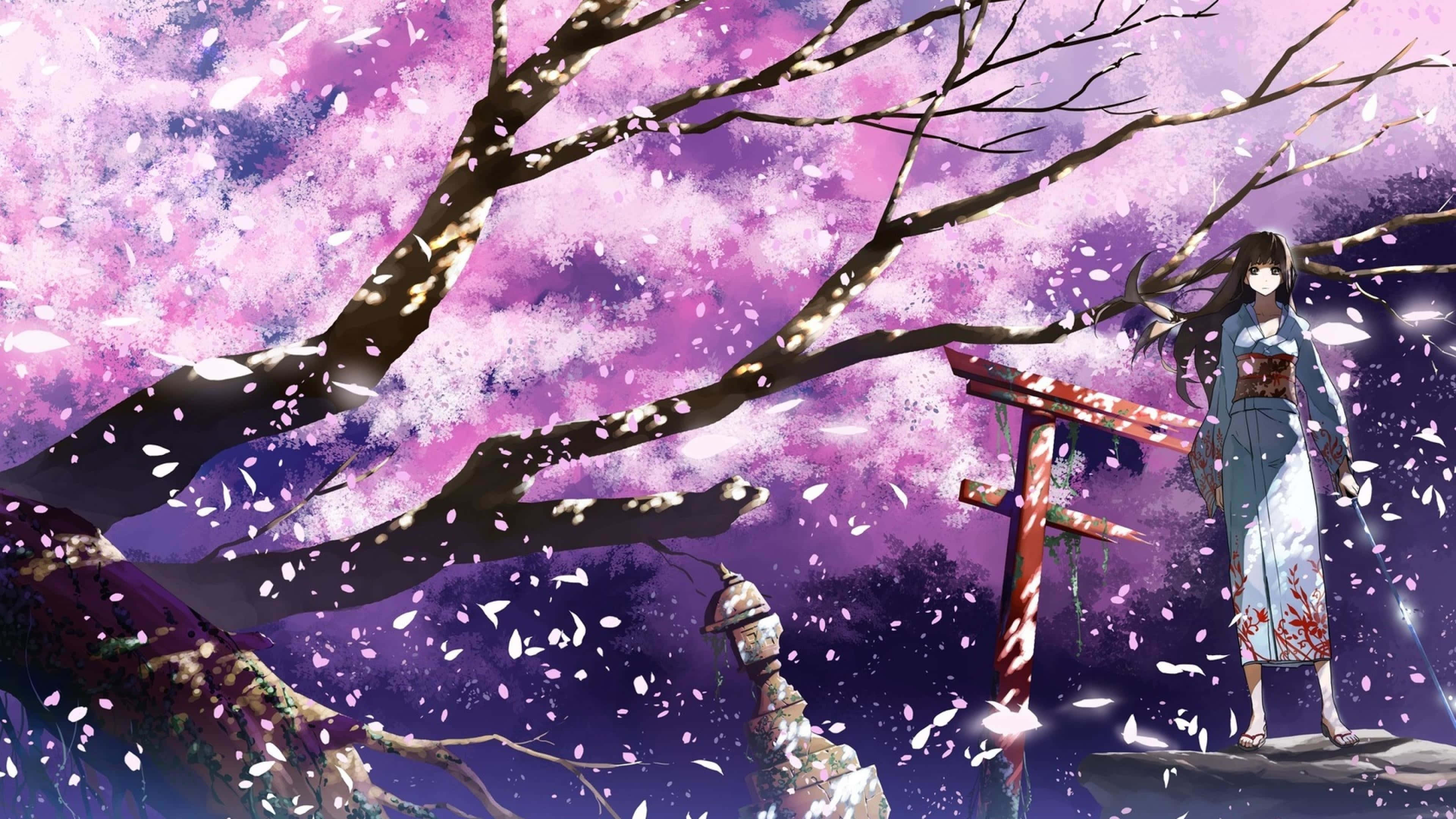 anime girl, floral kimono, red torii gate, 4K Desktop Wallpaper